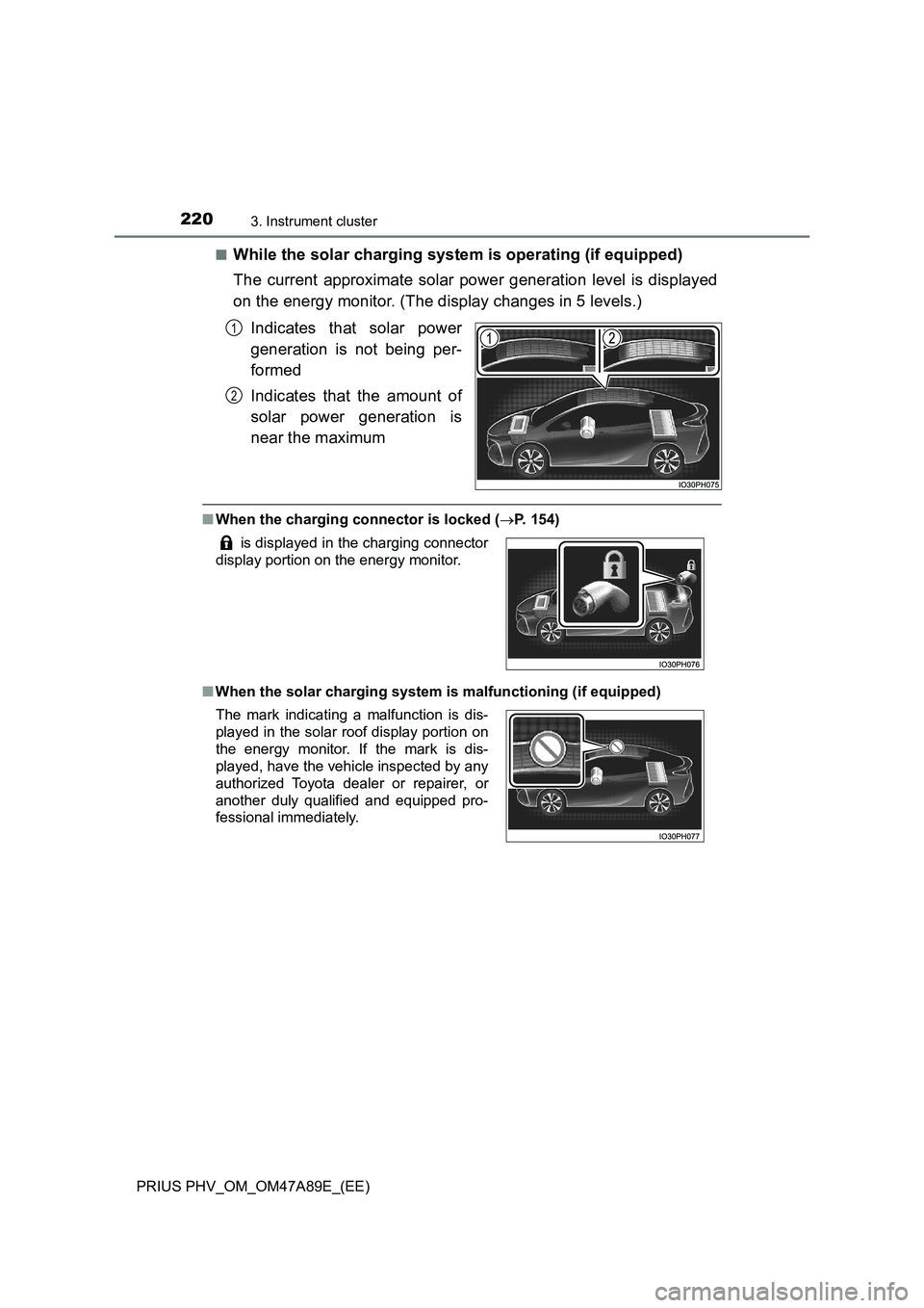 TOYOTA PRIUS PLUG-IN HYBRID 2016  Owners Manual 2203. Instrument cluster
PRIUS PHV_OM_OM47A89E_(EE)■
While the solar charging system is operating (if equipped)
The current approximate solar power generation level is displayed
on the energy monito