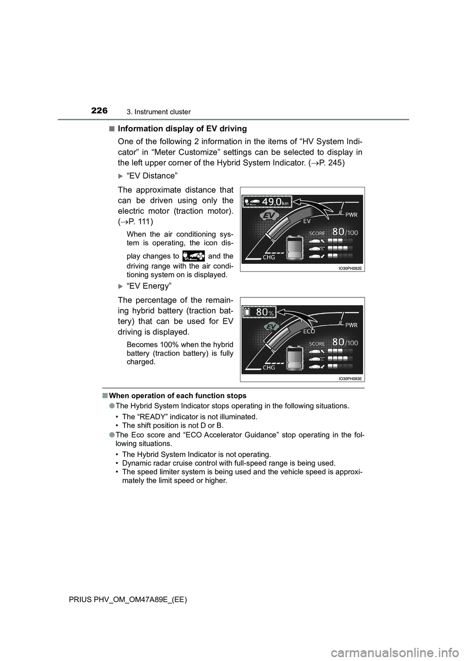 TOYOTA PRIUS PLUG-IN HYBRID 2016  Owners Manual 2263. Instrument cluster
PRIUS PHV_OM_OM47A89E_(EE)■
Information display of EV driving
One of the following 2 information in the items of “HV System Indi-
cator” in “Meter Customize” setting