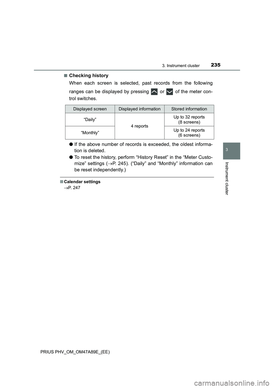 TOYOTA PRIUS PLUG-IN HYBRID 2016  Owners Manual 2353. Instrument cluster
3
Instrument cluster
PRIUS PHV_OM_OM47A89E_(EE)■
Checking history
When each screen is selected, past records from the following
ranges can be displayed by pressing   or   of