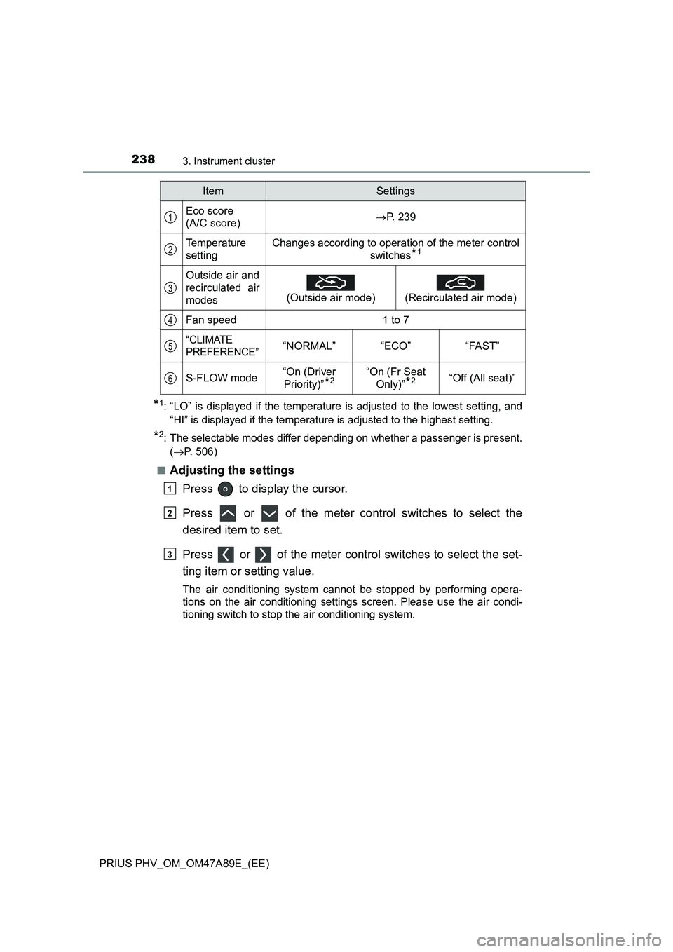 TOYOTA PRIUS PLUG-IN HYBRID 2016  Owners Manual 2383. Instrument cluster
PRIUS PHV_OM_OM47A89E_(EE)
*1: “LO” is displayed if the temperature is adjusted to the lowest setting, and
“HI” is displayed if the temperature is adjusted to the high