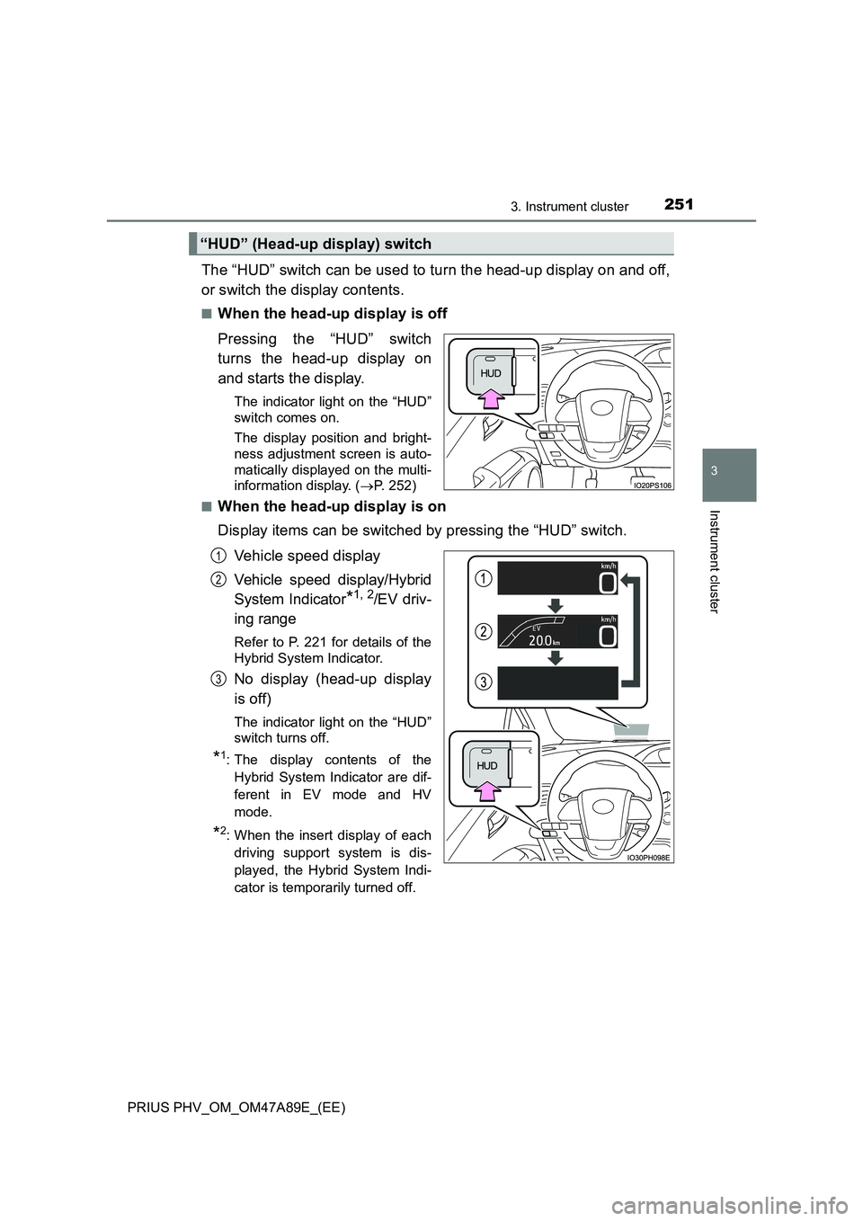 TOYOTA PRIUS PLUG-IN HYBRID 2016  Owners Manual 2513. Instrument cluster
3
Instrument cluster
PRIUS PHV_OM_OM47A89E_(EE)
The “HUD” switch can be used to turn the head-up display on and off,
or switch the display contents.
■When the head-up di