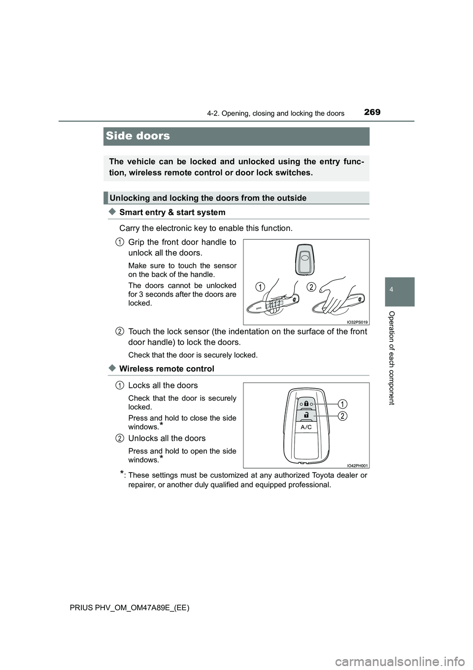 TOYOTA PRIUS PLUG-IN HYBRID 2016 User Guide 2694-2. Opening, closing and locking the doors
PRIUS PHV_OM_OM47A89E_(EE)
4
Operation of each component
Side doors
◆Smart entry & start system
Carry the electronic key to enable this function.
Grip TOYOTA PRIUS PLUG-IN HYBRID 2016 User Guide 2694-2. Opening, closing and locking the doors
PRIUS PHV_OM_OM47A89E_(EE)
4
Operation of each component
Side doors
◆Smart entry & start system
Carry the electronic key to enable this function.
Grip