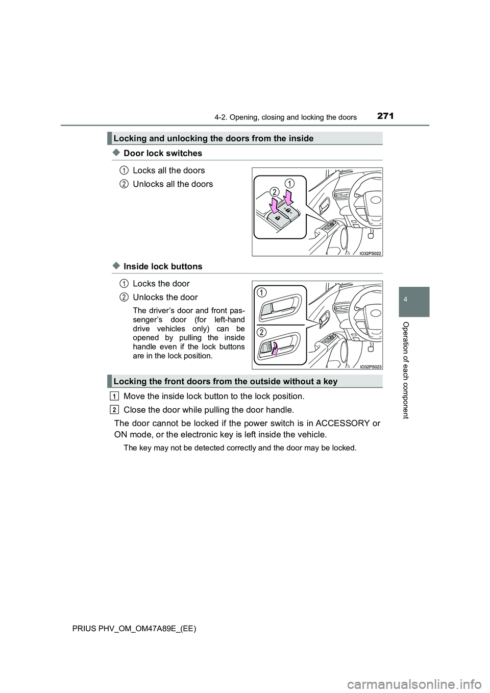 TOYOTA PRIUS PLUG-IN HYBRID 2016  Owners Manual 2714-2. Opening, closing and locking the doors
PRIUS PHV_OM_OM47A89E_(EE)
4
Operation of each component
◆Door lock switches
Locks all the doors
Unlocks all the doors
◆Inside lock buttons
Locks the