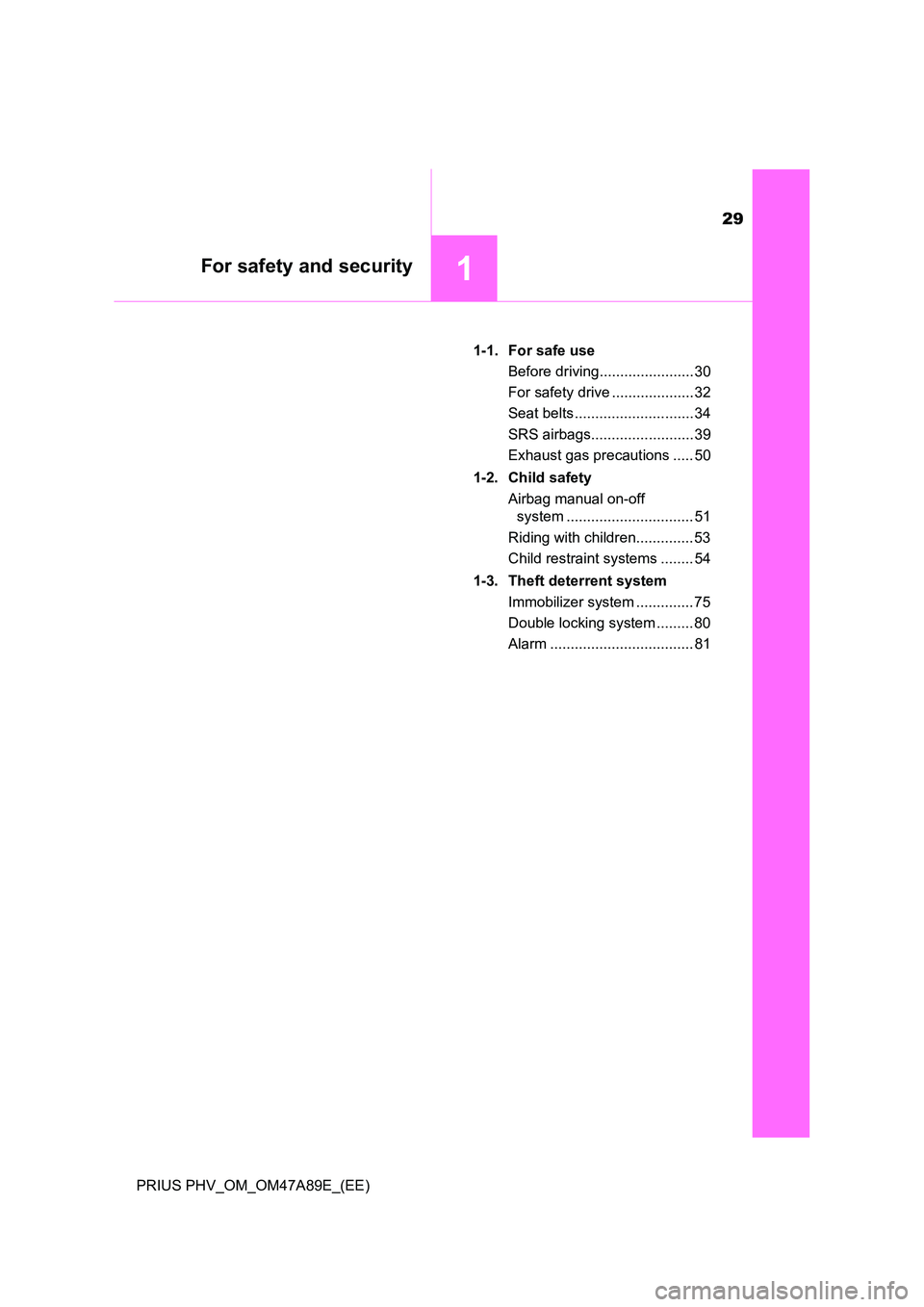 TOYOTA PRIUS PLUG-IN HYBRID 2016 Owners Manual 29
1For safety and security
PRIUS PHV_OM_OM47A89E_(EE)
1-1. For safe use
Before driving....................... 30
For safety drive .................... 32
Seat belts ............................. TOYOTA PRIUS PLUG-IN HYBRID 2016 Owners Manual 29
1For safety and security
PRIUS PHV_OM_OM47A89E_(EE)
1-1. For safe use
Before driving....................... 30
For safety drive .................... 32
Seat belts .............................