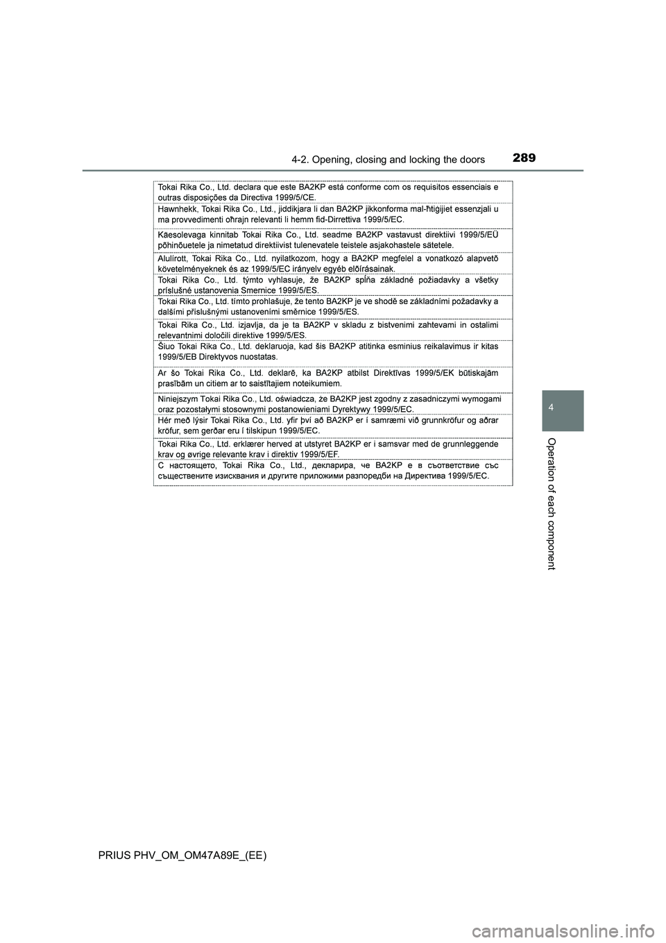 TOYOTA PRIUS PLUG-IN HYBRID 2016  Owners Manual 2894-2. Opening, closing and locking the doors
PRIUS PHV_OM_OM47A89E_(EE)
4
Operation of each component 