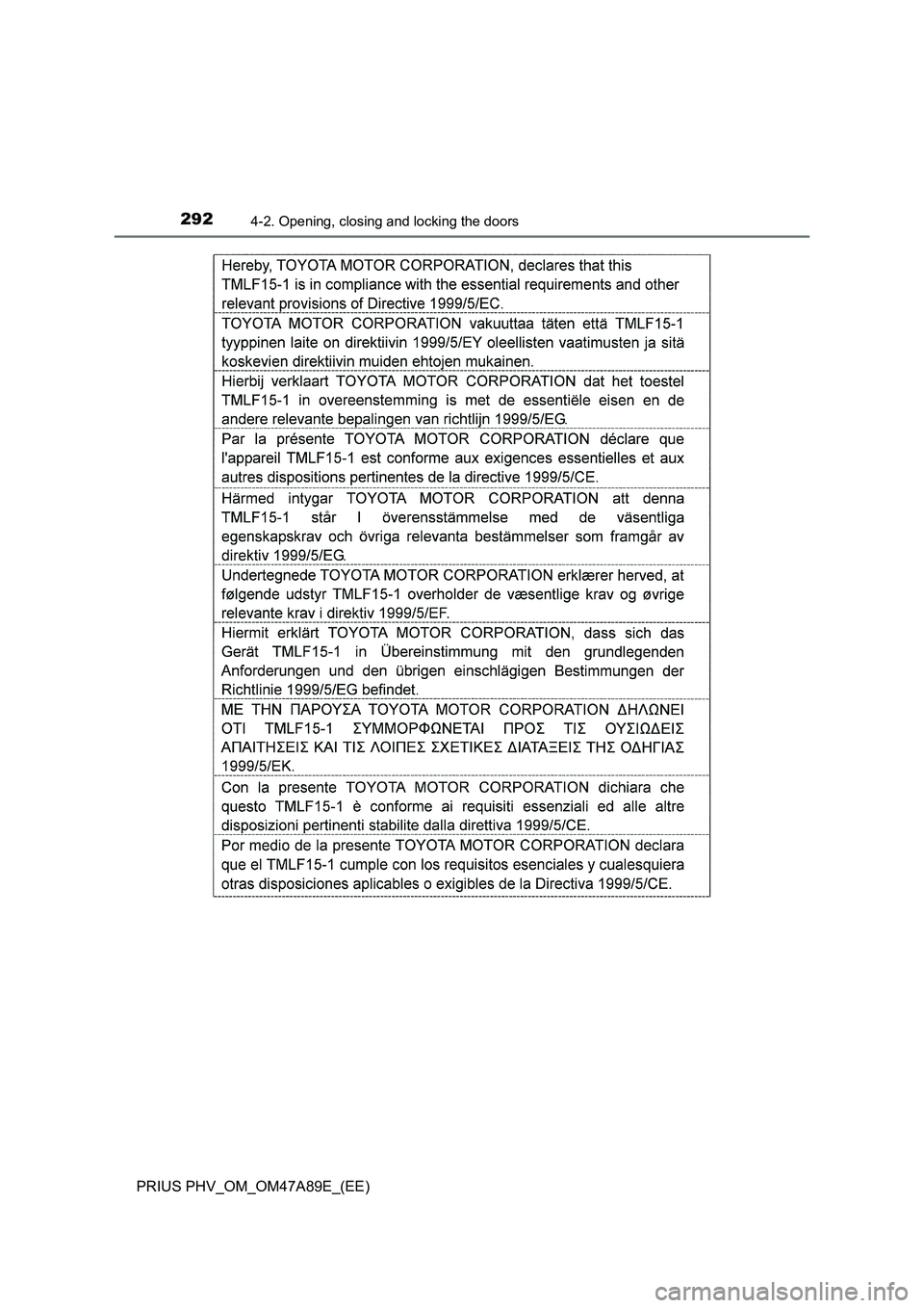 TOYOTA PRIUS PLUG-IN HYBRID 2016  Owners Manual 2924-2. Opening, closing and locking the doors
PRIUS PHV_OM_OM47A89E_(EE) 