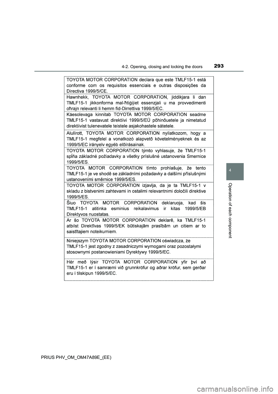 TOYOTA PRIUS PLUG-IN HYBRID 2016  Owners Manual 2934-2. Opening, closing and locking the doors
PRIUS PHV_OM_OM47A89E_(EE)
4
Operation of each component 