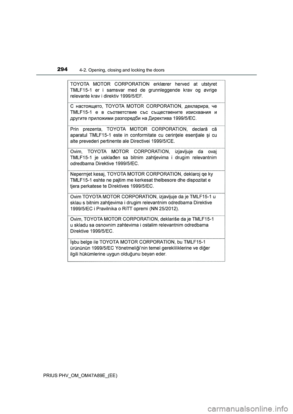 TOYOTA PRIUS PLUG-IN HYBRID 2016  Owners Manual 2944-2. Opening, closing and locking the doors
PRIUS PHV_OM_OM47A89E_(EE) 
