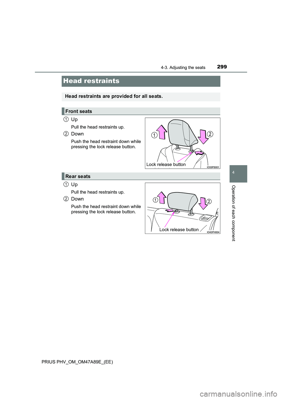 TOYOTA PRIUS PLUG-IN HYBRID 2016  Owners Manual 2994-3. Adjusting the seats
PRIUS PHV_OM_OM47A89E_(EE)
4
Operation of each component
Head restraints
Up
Pull the head restraints up.
Down
Push the head restraint down while 
pressing the lock release 