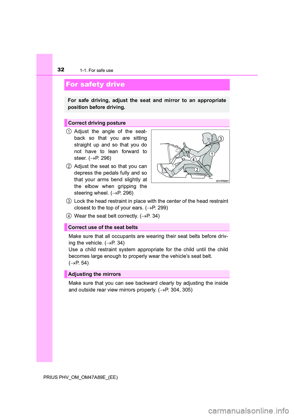TOYOTA PRIUS PLUG-IN HYBRID 2016 Owners Guide 321-1. For safe use
PRIUS PHV_OM_OM47A89E_(EE)
For safety drive
Adjust the angle of the seat-
back so that you are sitting
straight up and so that you do
not have to lean forward to
steer. ( P. TOYOTA PRIUS PLUG-IN HYBRID 2016 Owners Guide 321-1. For safe use
PRIUS PHV_OM_OM47A89E_(EE)
For safety drive
Adjust the angle of the seat-
back so that you are sitting
straight up and so that you do
not have to lean forward to
steer. ( P.