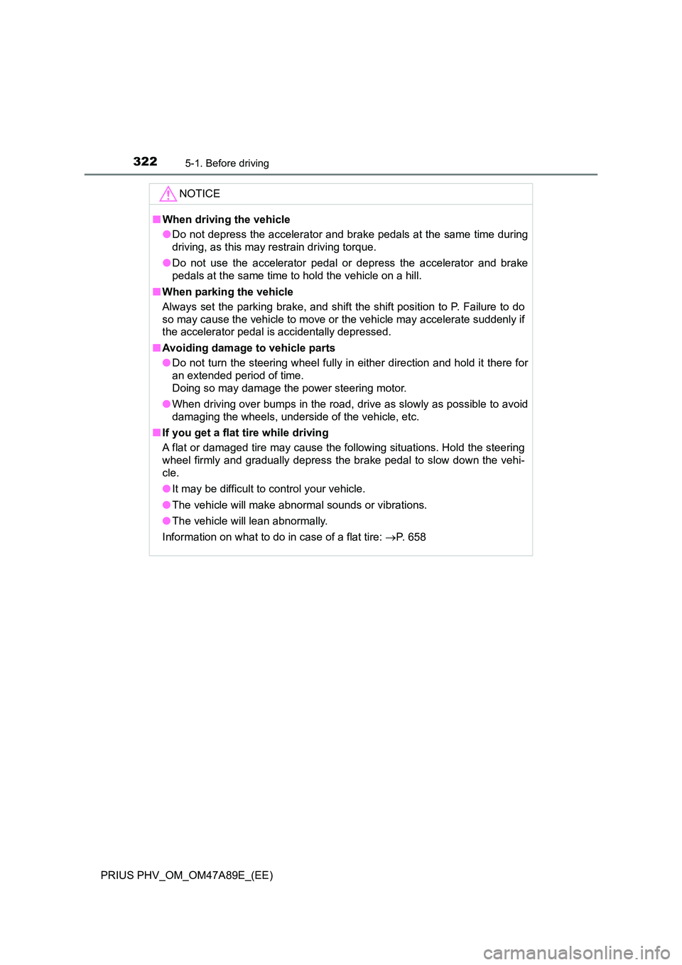 TOYOTA PRIUS PLUG-IN HYBRID 2016  Owners Manual 3225-1. Before driving
PRIUS PHV_OM_OM47A89E_(EE)
NOTICE
■When driving the vehicle 
● Do not depress the accelerator and brake pedals at the same time during 
driving, as this may restrain driving