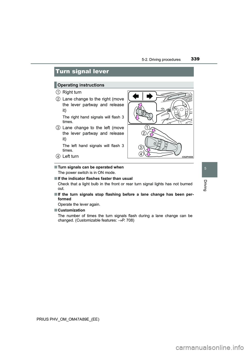 TOYOTA PRIUS PLUG-IN HYBRID 2016  Owners Manual 3395-2. Driving procedures
PRIUS PHV_OM_OM47A89E_(EE)
5
Driving
Turn signal lever
Right turn 
Lane change to the right (move 
the lever partway and release 
it)
The right hand signals will flash 3 
ti