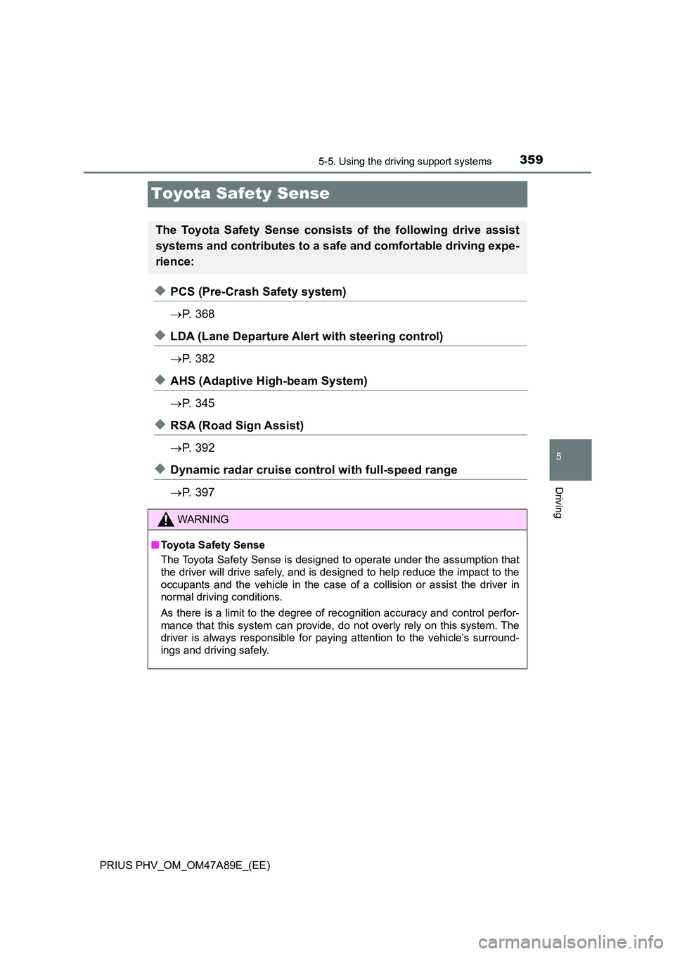 TOYOTA PRIUS PLUG-IN HYBRID 2017  Owners Manual 3595-5. Using the driving support systems
PRIUS PHV_OM_OM47A89E_(EE)
5
Driving
Toyota Safety Sense
◆PCS (Pre-Crash Safety system) 
 P.  3 6 8
◆LDA (Lane Departure Alert with steering control) 
