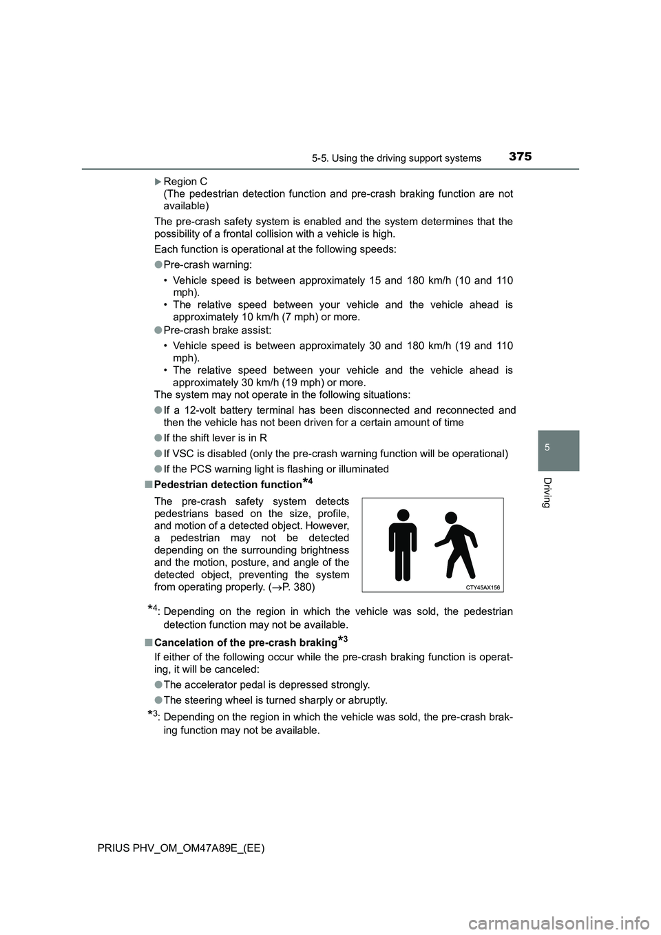 TOYOTA PRIUS PLUG-IN HYBRID 2016  Owners Manual 3755-5. Using the driving support systems
PRIUS PHV_OM_OM47A89E_(EE)
5
Driving
Region C
(The pedestrian detection function and pre-crash braking function are not
available)
The pre-crash safety sys