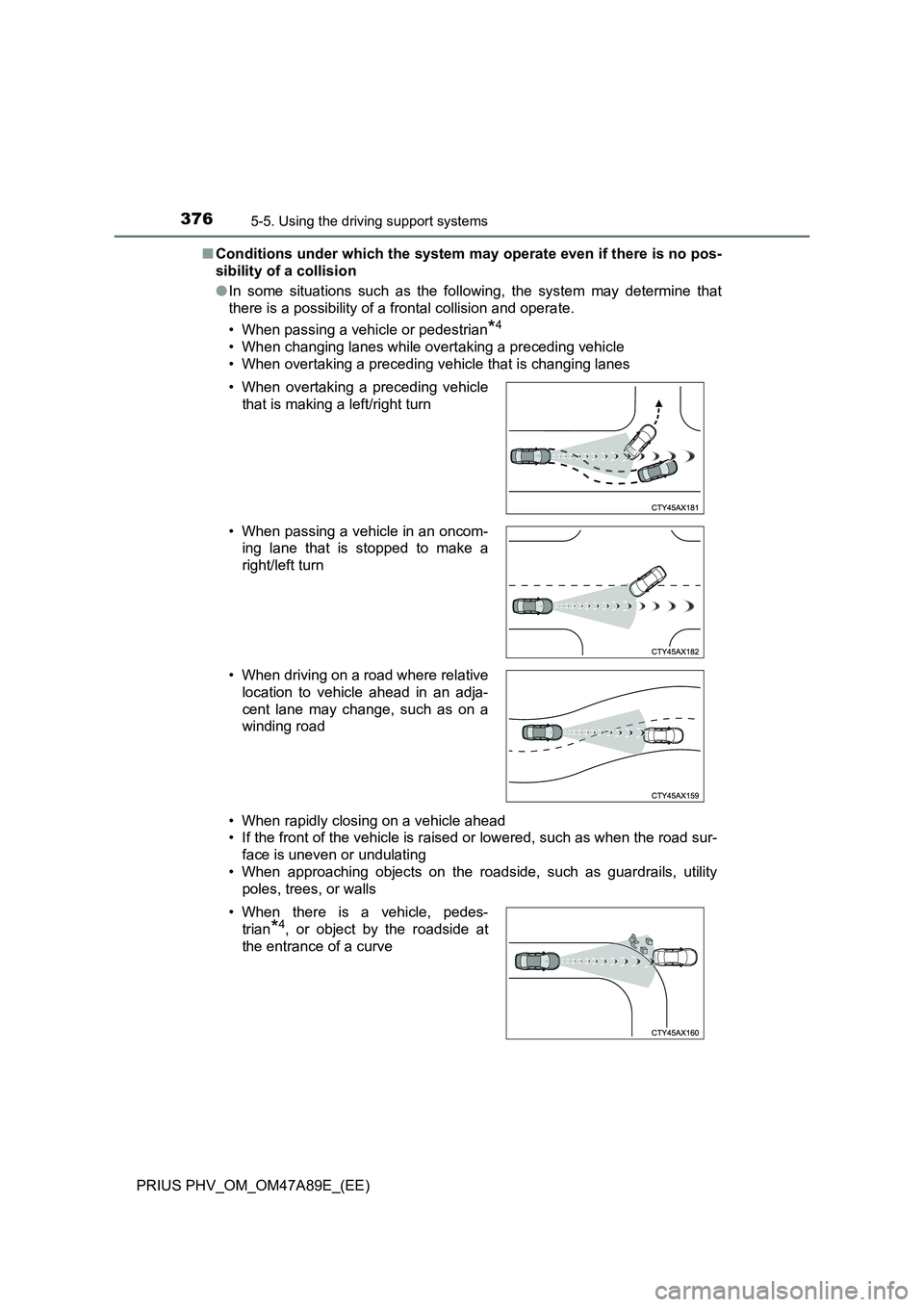 TOYOTA PRIUS PLUG-IN HYBRID 2016  Owners Manual 3765-5. Using the driving support systems
PRIUS PHV_OM_OM47A89E_(EE)■Conditions under which the system may operate even if there is no pos-
sibility of a collision
●In some situations such as the 