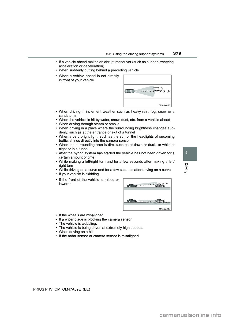 TOYOTA PRIUS PLUG-IN HYBRID 2016 Owners Guide 3795-5. Using the driving support systems
PRIUS PHV_OM_OM47A89E_(EE)
5
Driving
• If a vehicle ahead makes an abrupt maneuver (such as sudden swerving,
acceleration or deceleration)
• When suddenly TOYOTA PRIUS PLUG-IN HYBRID 2016 Owners Guide 3795-5. Using the driving support systems
PRIUS PHV_OM_OM47A89E_(EE)
5
Driving
• If a vehicle ahead makes an abrupt maneuver (such as sudden swerving,
acceleration or deceleration)
• When suddenly