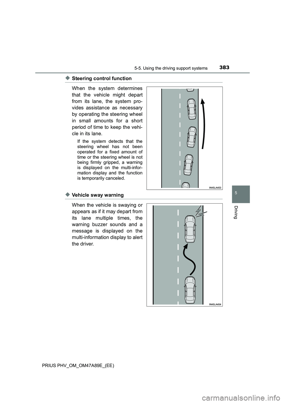TOYOTA PRIUS PLUG-IN HYBRID 2016  Owners Manual 3835-5. Using the driving support systems
PRIUS PHV_OM_OM47A89E_(EE)
5
Driving
◆Steering control function
When the system determines
that the vehicle might depart
from its lane, the system pro-
vide