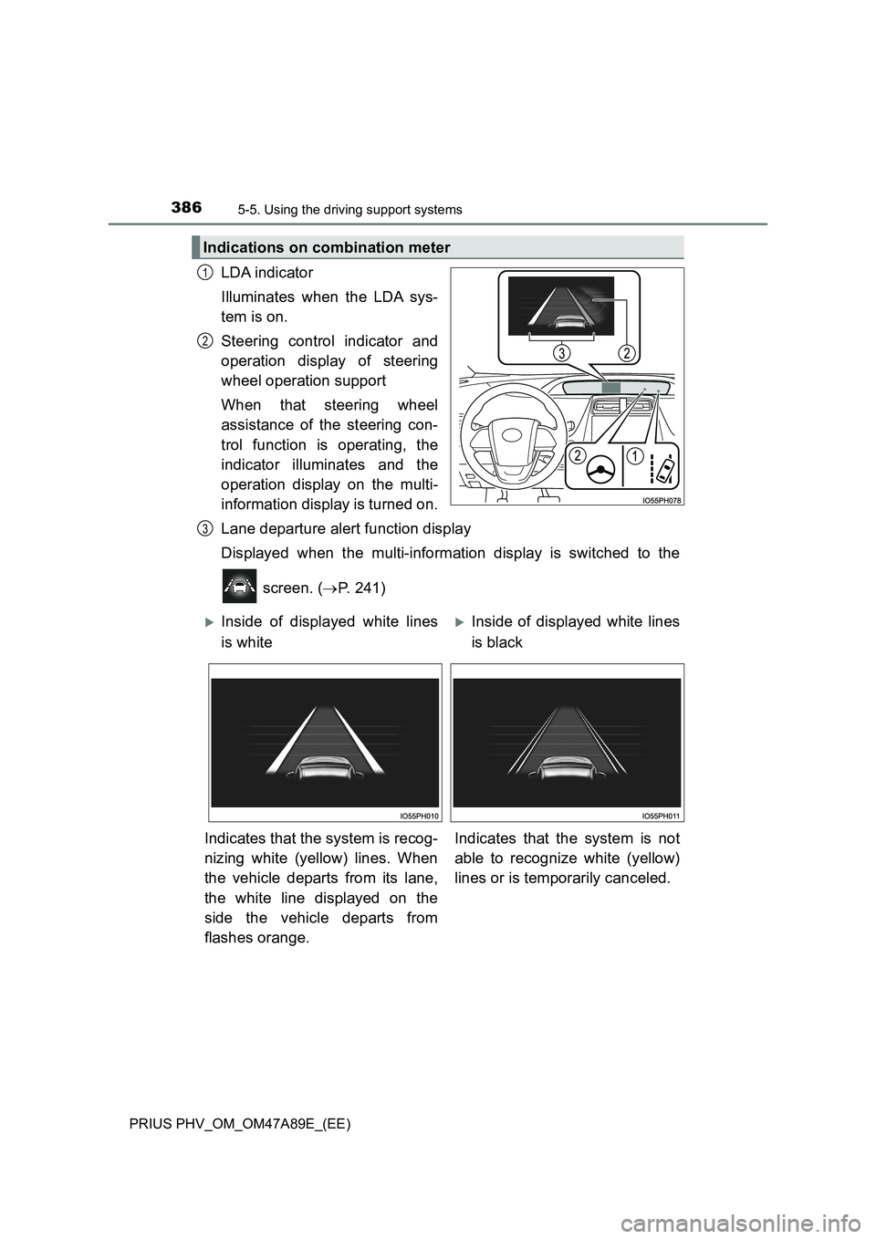 TOYOTA PRIUS PLUG-IN HYBRID 2016  Owners Manual 3865-5. Using the driving support systems
PRIUS PHV_OM_OM47A89E_(EE)
LDA indicator
Illuminates when the LDA sys-
tem is on.
Steering control indicator and
operation display of steering
wheel operation