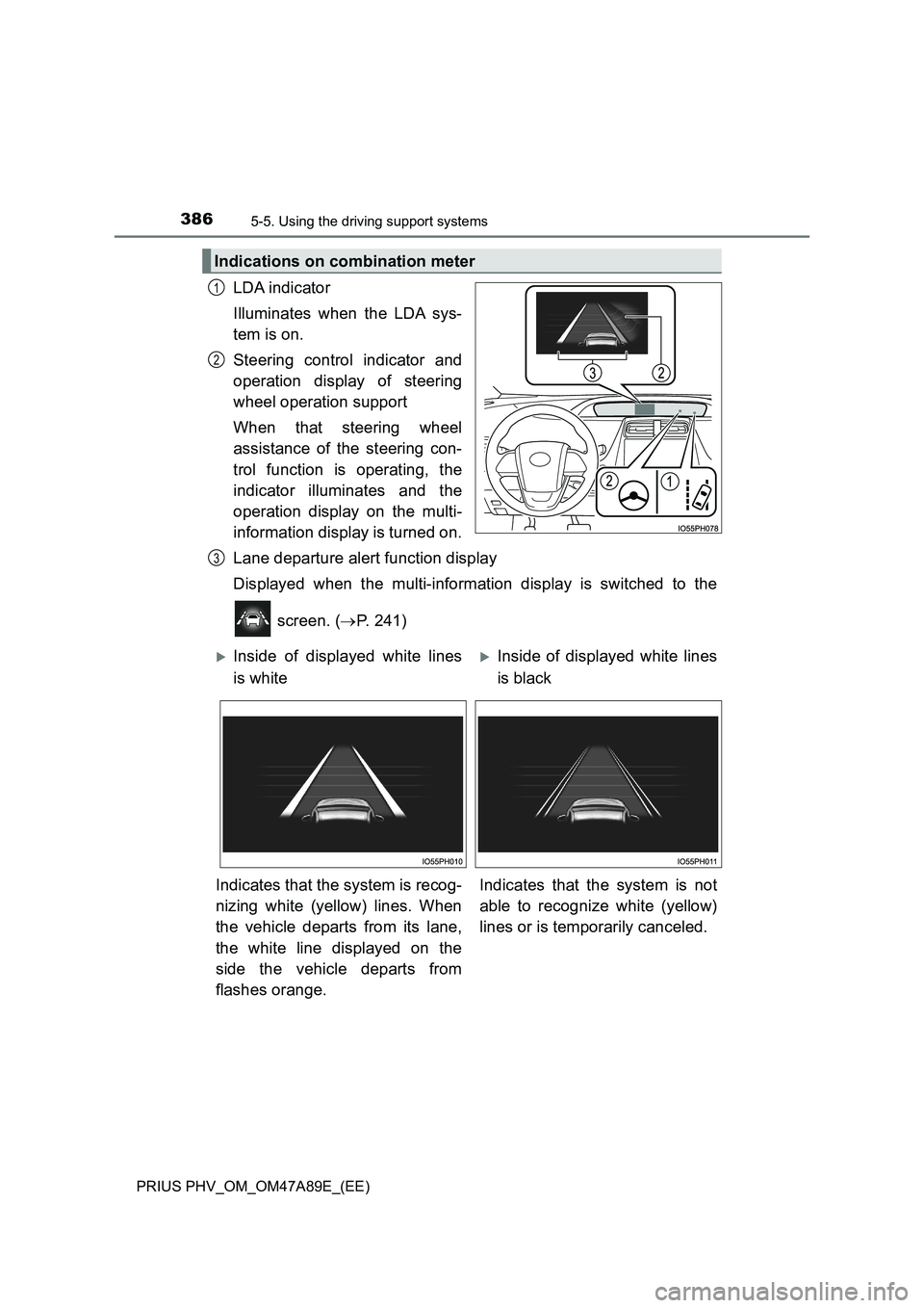 TOYOTA PRIUS PLUG-IN HYBRID 2017  Owners Manual 3865-5. Using the driving support systems
PRIUS PHV_OM_OM47A89E_(EE)
LDA indicator
Illuminates when the LDA sys-
tem is on.
Steering control indicator and
operation display of steering
wheel operation