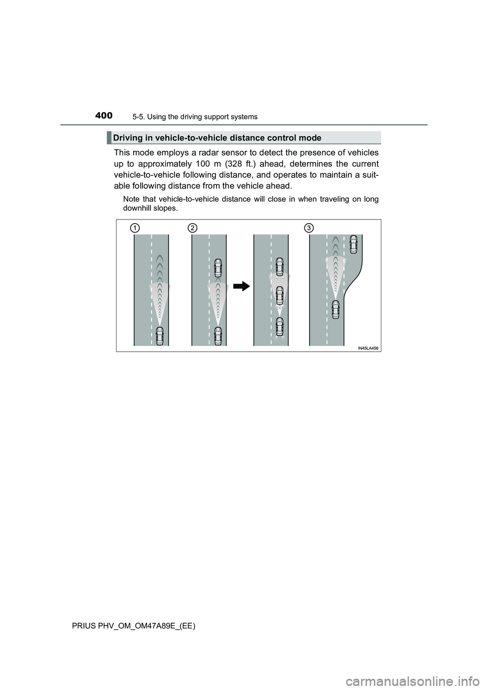 TOYOTA PRIUS PLUG-IN HYBRID 2016 Service Manual 4005-5. Using the driving support systems
PRIUS PHV_OM_OM47A89E_(EE)
This mode employs a radar sensor to detect the presence of vehicles
up to approximately 100 m (328 ft.) ahead, determines the curr TOYOTA PRIUS PLUG-IN HYBRID 2016 Service Manual 4005-5. Using the driving support systems
PRIUS PHV_OM_OM47A89E_(EE)
This mode employs a radar sensor to detect the presence of vehicles
up to approximately 100 m (328 ft.) ahead, determines the curr