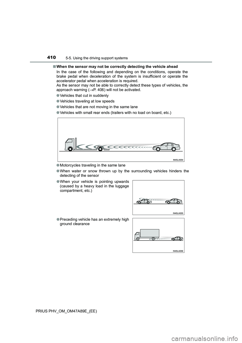 TOYOTA PRIUS PLUG-IN HYBRID 2016 Service Manual 4105-5. Using the driving support systems
PRIUS PHV_OM_OM47A89E_(EE)■When the sensor may not be correctly detecting the vehicle ahead
In the case of the following and depending on the conditions, op TOYOTA PRIUS PLUG-IN HYBRID 2016 Service Manual 4105-5. Using the driving support systems
PRIUS PHV_OM_OM47A89E_(EE)■When the sensor may not be correctly detecting the vehicle ahead
In the case of the following and depending on the conditions, op