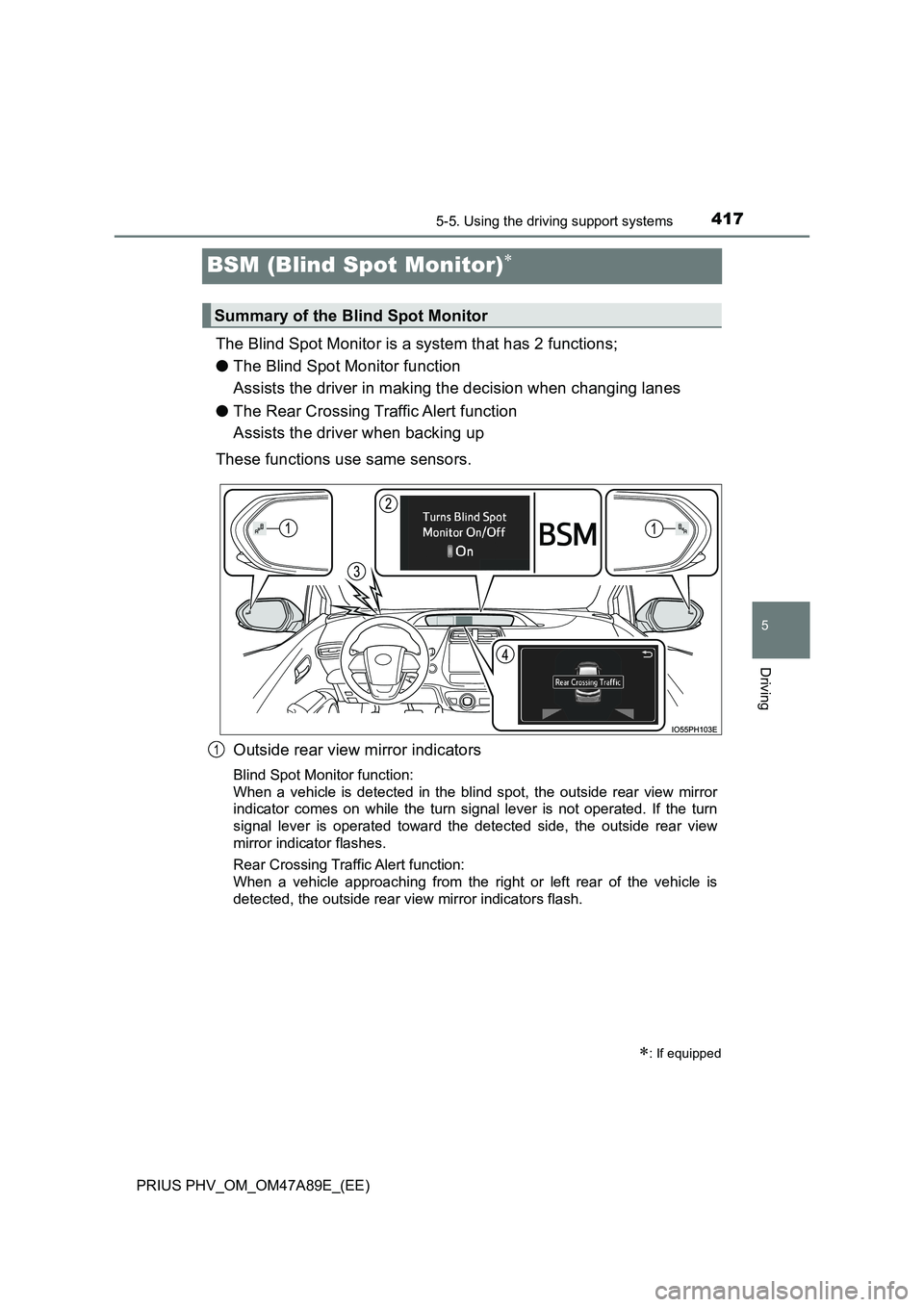 TOYOTA PRIUS PLUG-IN HYBRID 2016 Service Manual 4175-5. Using the driving support systems
PRIUS PHV_OM_OM47A89E_(EE)
5
Driving
BSM (Blind Spot Monitor)
The Blind Spot Monitor is a system that has 2 functions;
●The Blind Spot Monitor function
TOYOTA PRIUS PLUG-IN HYBRID 2016 Service Manual 4175-5. Using the driving support systems
PRIUS PHV_OM_OM47A89E_(EE)
5
Driving
BSM (Blind Spot Monitor)
The Blind Spot Monitor is a system that has 2 functions;
●The Blind Spot Monitor function