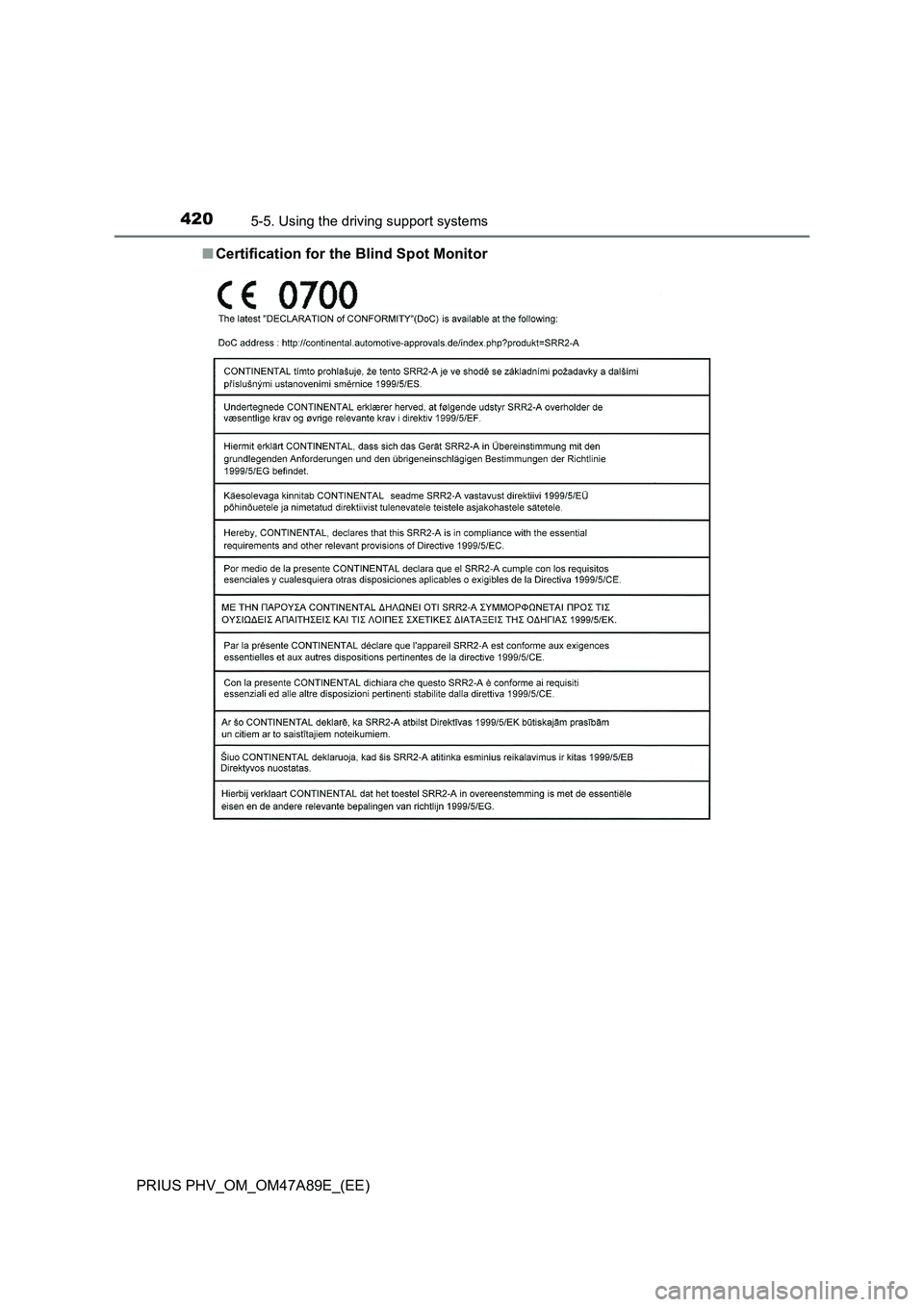 TOYOTA PRIUS PLUG-IN HYBRID 2016  Owners Manual 4205-5. Using the driving support systems
PRIUS PHV_OM_OM47A89E_(EE)■Certification for the Blind Spot Monitor 