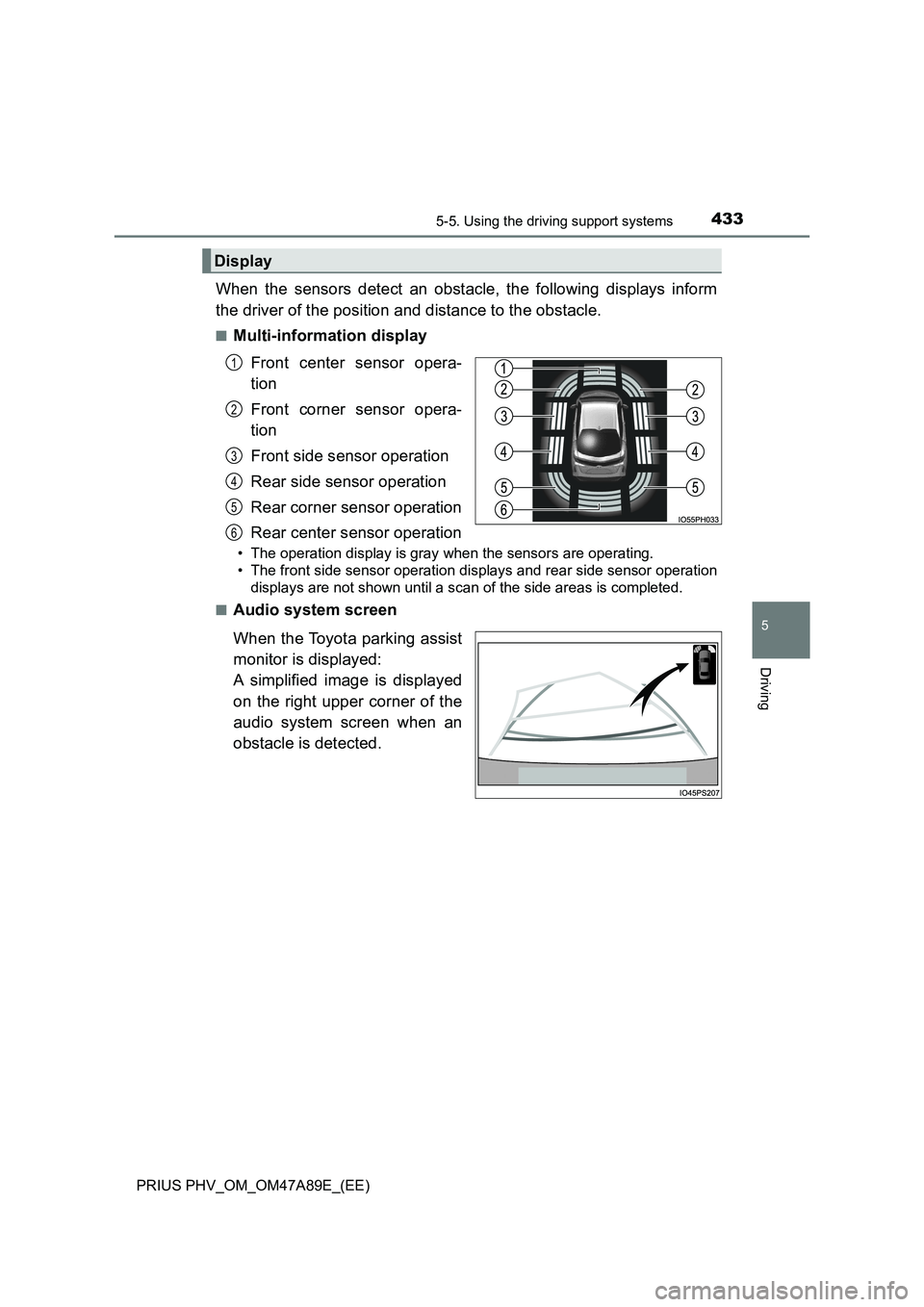 TOYOTA PRIUS PLUG-IN HYBRID 2016 Repair Manual 4335-5. Using the driving support systems
PRIUS PHV_OM_OM47A89E_(EE)
5
Driving
When the sensors detect an obstacle, the following displays inform
the driver of the position and distance to the obstacl TOYOTA PRIUS PLUG-IN HYBRID 2016 Repair Manual 4335-5. Using the driving support systems
PRIUS PHV_OM_OM47A89E_(EE)
5
Driving
When the sensors detect an obstacle, the following displays inform
the driver of the position and distance to the obstacl