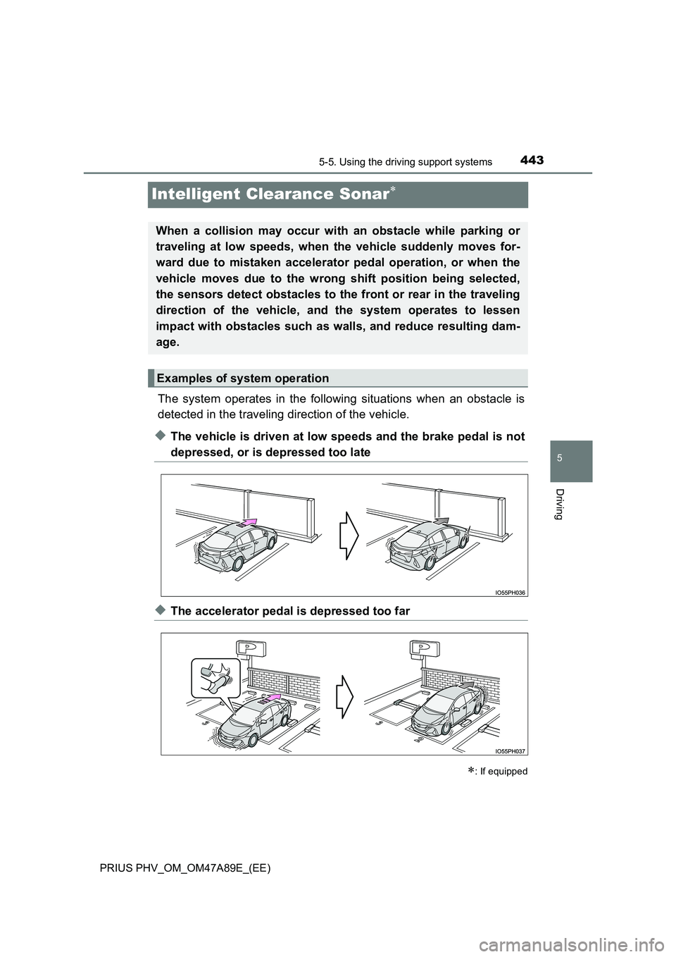 TOYOTA PRIUS PLUG-IN HYBRID 2016 Manual PDF 4435-5. Using the driving support systems
PRIUS PHV_OM_OM47A89E_(EE)
5
Driving
Intelligent Clearance Sonar
The system operates in the following situations when an obstacle is
detected in the trave TOYOTA PRIUS PLUG-IN HYBRID 2016 Manual PDF 4435-5. Using the driving support systems
PRIUS PHV_OM_OM47A89E_(EE)
5
Driving
Intelligent Clearance Sonar
The system operates in the following situations when an obstacle is
detected in the trave