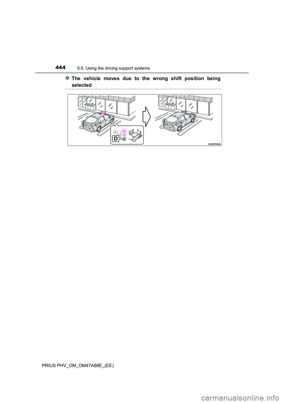 TOYOTA PRIUS PLUG-IN HYBRID 2016  Owners Manual 4445-5. Using the driving support systems
PRIUS PHV_OM_OM47A89E_(EE)
◆The vehicle moves due to the wrong shift position being
selected 