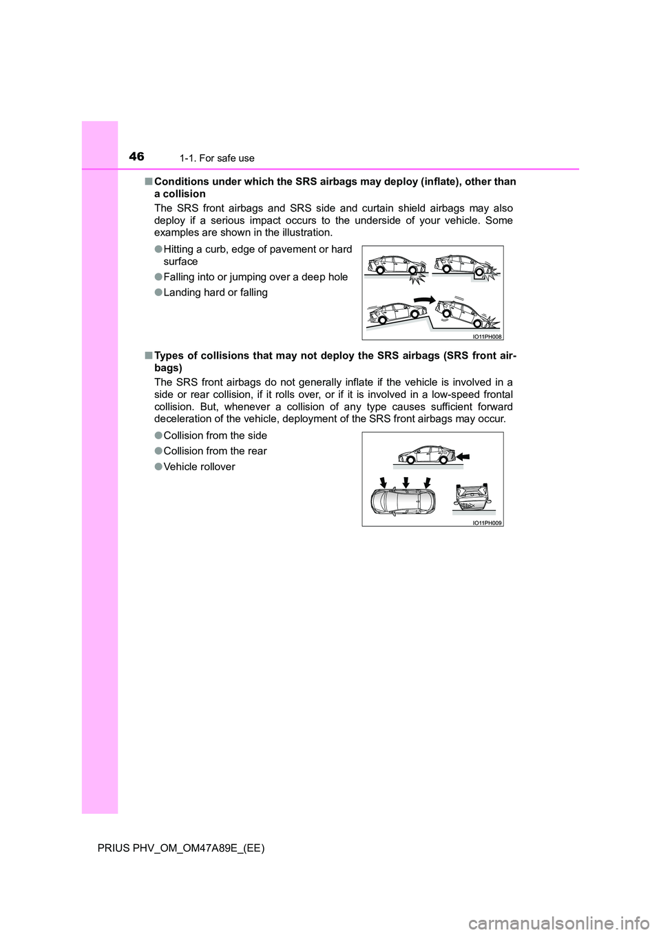 TOYOTA PRIUS PLUG-IN HYBRID 2016 Service Manual 461-1. For safe use
PRIUS PHV_OM_OM47A89E_(EE)
■ Conditions under which the SRS airbags may deploy (inflate), other than
a collision
The SRS front airbags and SRS side and curtain shield airbags TOYOTA PRIUS PLUG-IN HYBRID 2016 Service Manual 461-1. For safe use
PRIUS PHV_OM_OM47A89E_(EE)
■ Conditions under which the SRS airbags may deploy (inflate), other than
a collision
The SRS front airbags and SRS side and curtain shield airbags