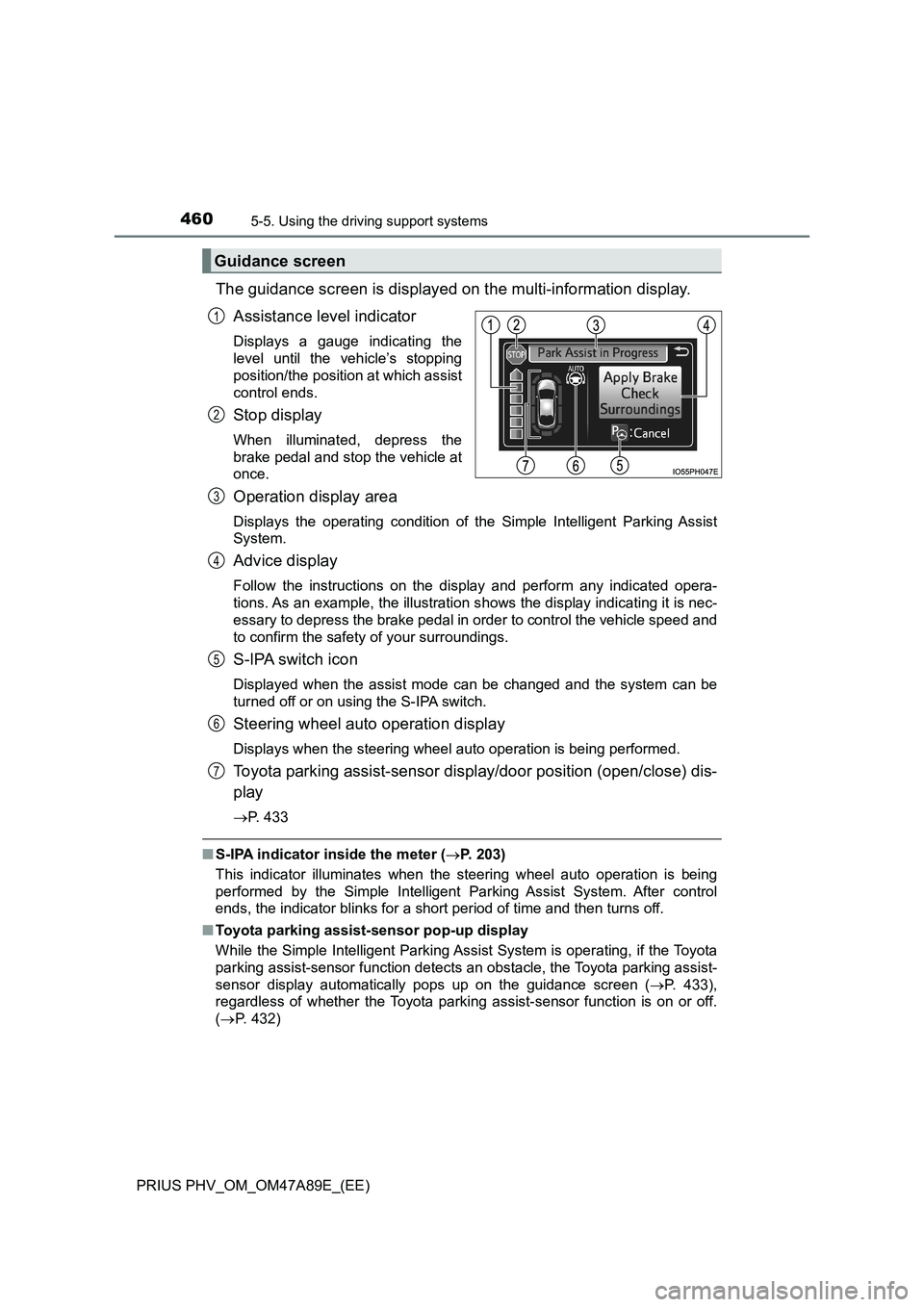 TOYOTA PRIUS PLUG-IN HYBRID 2016 Manual PDF 4605-5. Using the driving support systems
PRIUS PHV_OM_OM47A89E_(EE)
The guidance screen is displayed on the multi-information display.
Assistance level indicator
Displays a gauge indicating the
level TOYOTA PRIUS PLUG-IN HYBRID 2016 Manual PDF 4605-5. Using the driving support systems
PRIUS PHV_OM_OM47A89E_(EE)
The guidance screen is displayed on the multi-information display.
Assistance level indicator
Displays a gauge indicating the
level