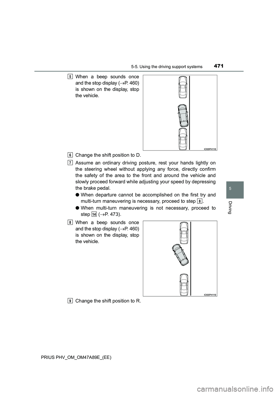 TOYOTA PRIUS PLUG-IN HYBRID 2016  Owners Manual 4715-5. Using the driving support systems
PRIUS PHV_OM_OM47A89E_(EE)
5
Driving
When a beep sounds once 
and the stop display ( P. 460) 
is shown on the display, stop 
the vehicle. 
Change the shift