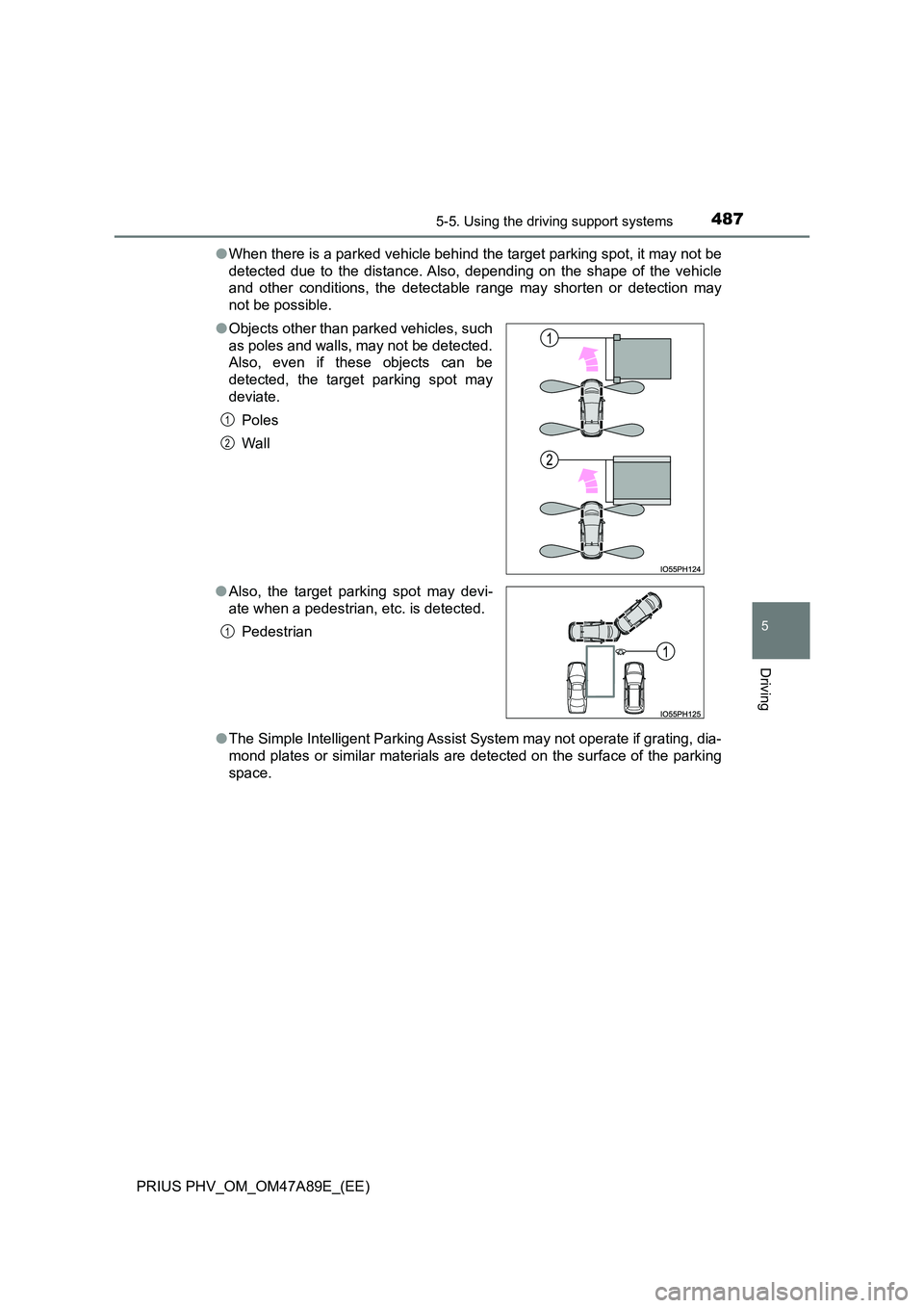 TOYOTA PRIUS PLUG-IN HYBRID 2016 Owners Manual 4875-5. Using the driving support systems
PRIUS PHV_OM_OM47A89E_(EE)
5
Driving
●When there is a parked vehicle behind the target parking spot, it may not be
detected due to the distance. Also, depe TOYOTA PRIUS PLUG-IN HYBRID 2016 Owners Manual 4875-5. Using the driving support systems
PRIUS PHV_OM_OM47A89E_(EE)
5
Driving
●When there is a parked vehicle behind the target parking spot, it may not be
detected due to the distance. Also, depe