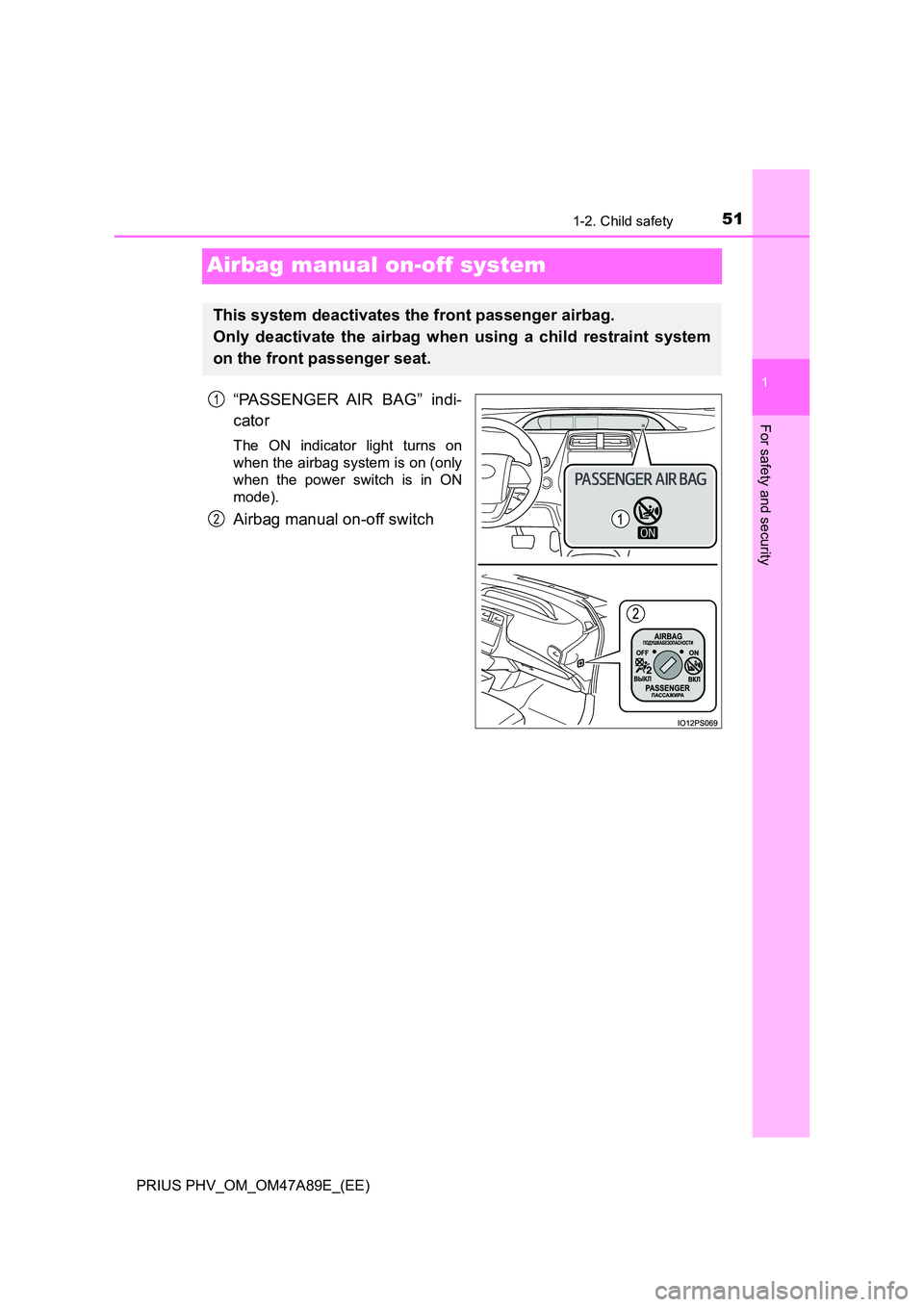 TOYOTA PRIUS PLUG-IN HYBRID 2016 Workshop Manual 511-2. Child safety
1
For safety and security
PRIUS PHV_OM_OM47A89E_(EE)
Airbag manual on-off system
“PASSENGER AIR BAG” indi-
cator
The ON indicator light turns on
when the airbag system is on TOYOTA PRIUS PLUG-IN HYBRID 2016 Workshop Manual 511-2. Child safety
1
For safety and security
PRIUS PHV_OM_OM47A89E_(EE)
Airbag manual on-off system
“PASSENGER AIR BAG” indi-
cator
The ON indicator light turns on
when the airbag system is on