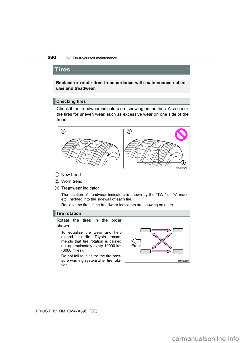 TOYOTA PRIUS PLUG-IN HYBRID 2016 Owners Manual 5807-3. Do-it-yourself maintenance
PRIUS PHV_OM_OM47A89E_(EE)
Tires
Check if the treadwear indicators are showing on the tires. Also check
the tires for uneven wear, such as excessive wear on one side TOYOTA PRIUS PLUG-IN HYBRID 2016 Owners Manual 5807-3. Do-it-yourself maintenance
PRIUS PHV_OM_OM47A89E_(EE)
Tires
Check if the treadwear indicators are showing on the tires. Also check
the tires for uneven wear, such as excessive wear on one side
