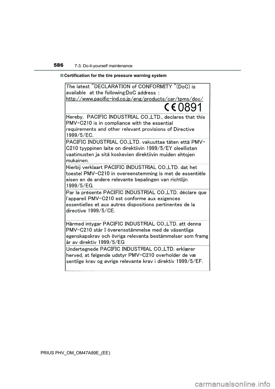 TOYOTA PRIUS PLUG-IN HYBRID 2016 Owners Manual 5867-3. Do-it-yourself maintenance
PRIUS PHV_OM_OM47A89E_(EE)■Certification for the tire pressure warning system TOYOTA PRIUS PLUG-IN HYBRID 2016 Owners Manual 5867-3. Do-it-yourself maintenance
PRIUS PHV_OM_OM47A89E_(EE)■Certification for the tire pressure warning system