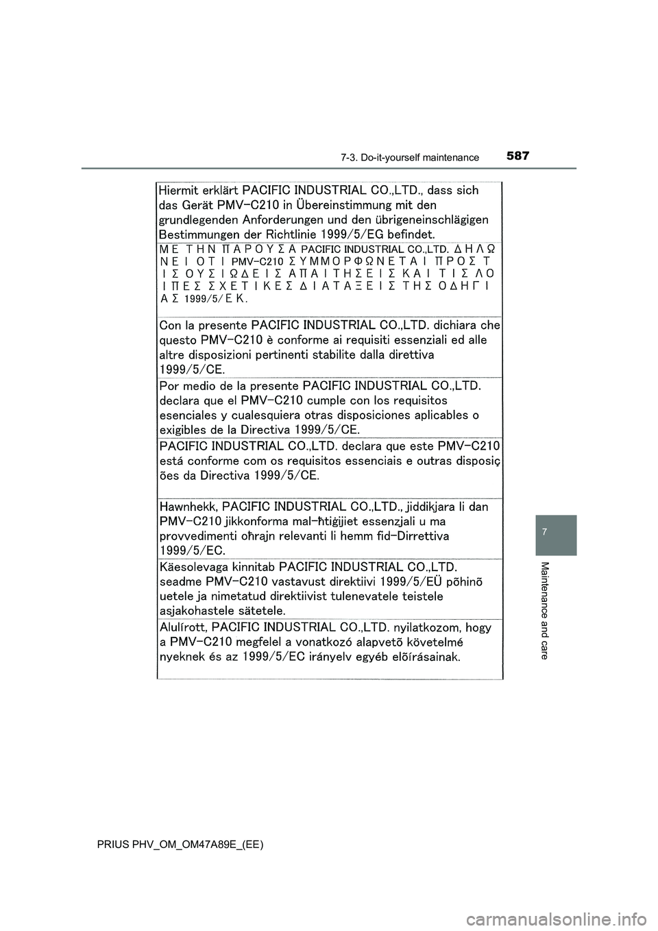 TOYOTA PRIUS PLUG-IN HYBRID 2016 Owners Manual 5877-3. Do-it-yourself maintenance
PRIUS PHV_OM_OM47A89E_(EE)
7
Maintenance and care TOYOTA PRIUS PLUG-IN HYBRID 2016 Owners Manual 5877-3. Do-it-yourself maintenance
PRIUS PHV_OM_OM47A89E_(EE)
7
Maintenance and care
