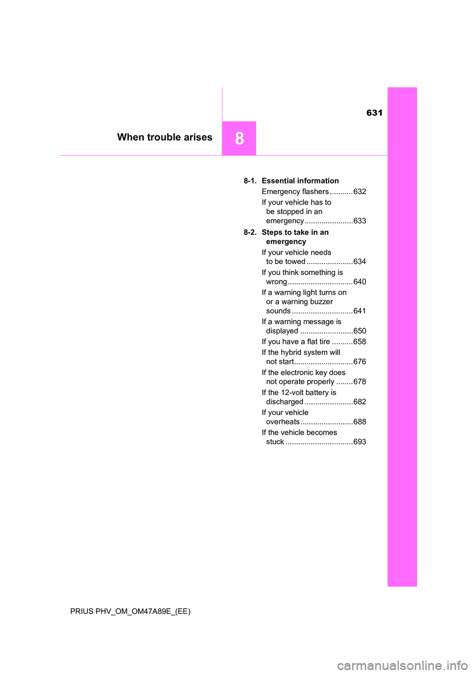 TOYOTA PRIUS PLUG-IN HYBRID 2016 Owners Manual 631
8When trouble arises
PRIUS PHV_OM_OM47A89E_(EE)
8-1. Essential information
Emergency flashers ........... 632
If your vehicle has to
be stopped in an
emergency ....................... 633
TOYOTA PRIUS PLUG-IN HYBRID 2016 Owners Manual 631
8When trouble arises
PRIUS PHV_OM_OM47A89E_(EE)
8-1. Essential information
Emergency flashers ........... 632
If your vehicle has to
be stopped in an
emergency ....................... 633