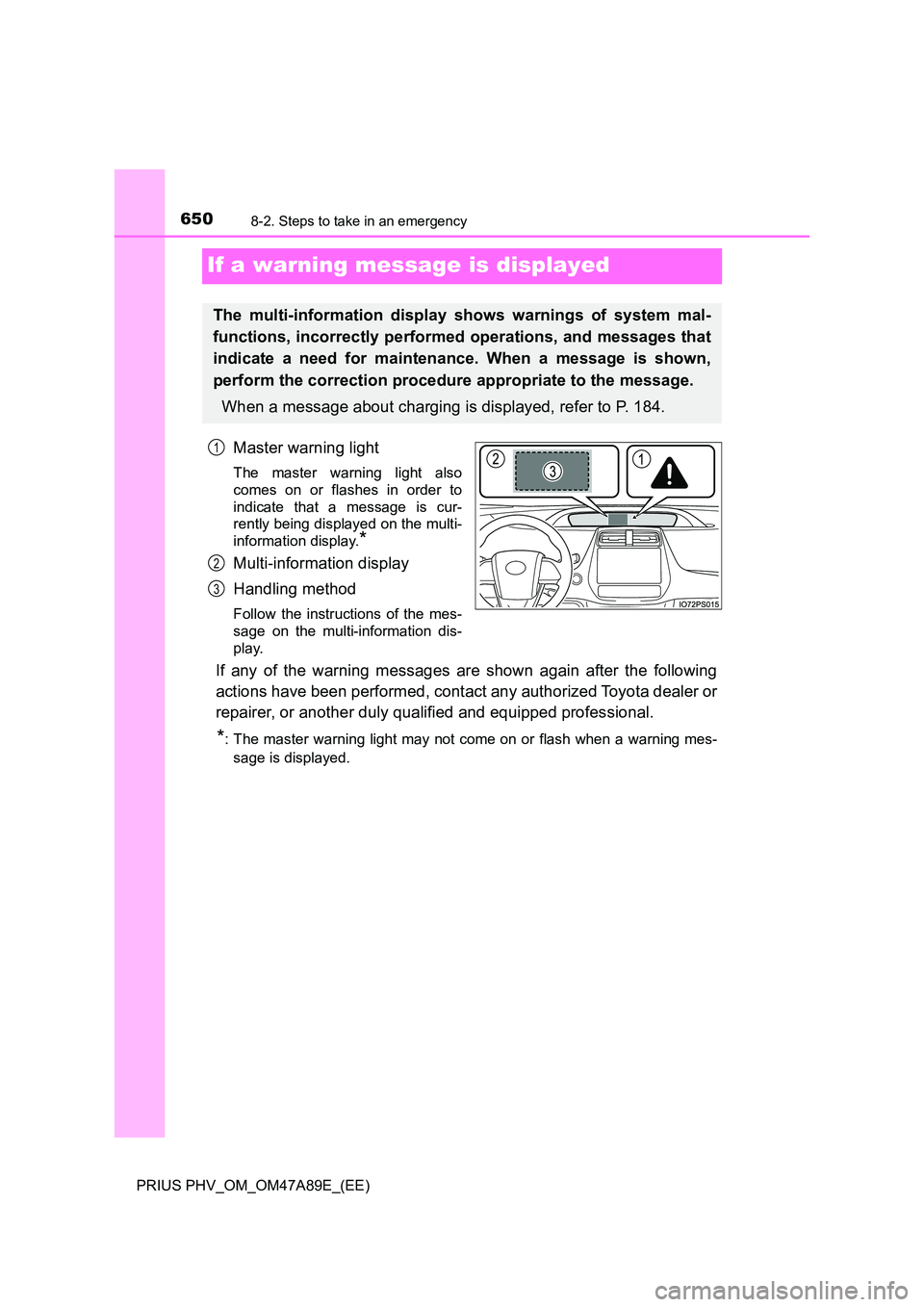 TOYOTA PRIUS PLUG-IN HYBRID 2016 Owners Manual 6508-2. Steps to take in an emergency
PRIUS PHV_OM_OM47A89E_(EE)
If a warning message is displayed
Master warning light
The master warning light also
comes on or flashes in order to
indicate that a m TOYOTA PRIUS PLUG-IN HYBRID 2016 Owners Manual 6508-2. Steps to take in an emergency
PRIUS PHV_OM_OM47A89E_(EE)
If a warning message is displayed
Master warning light
The master warning light also
comes on or flashes in order to
indicate that a m