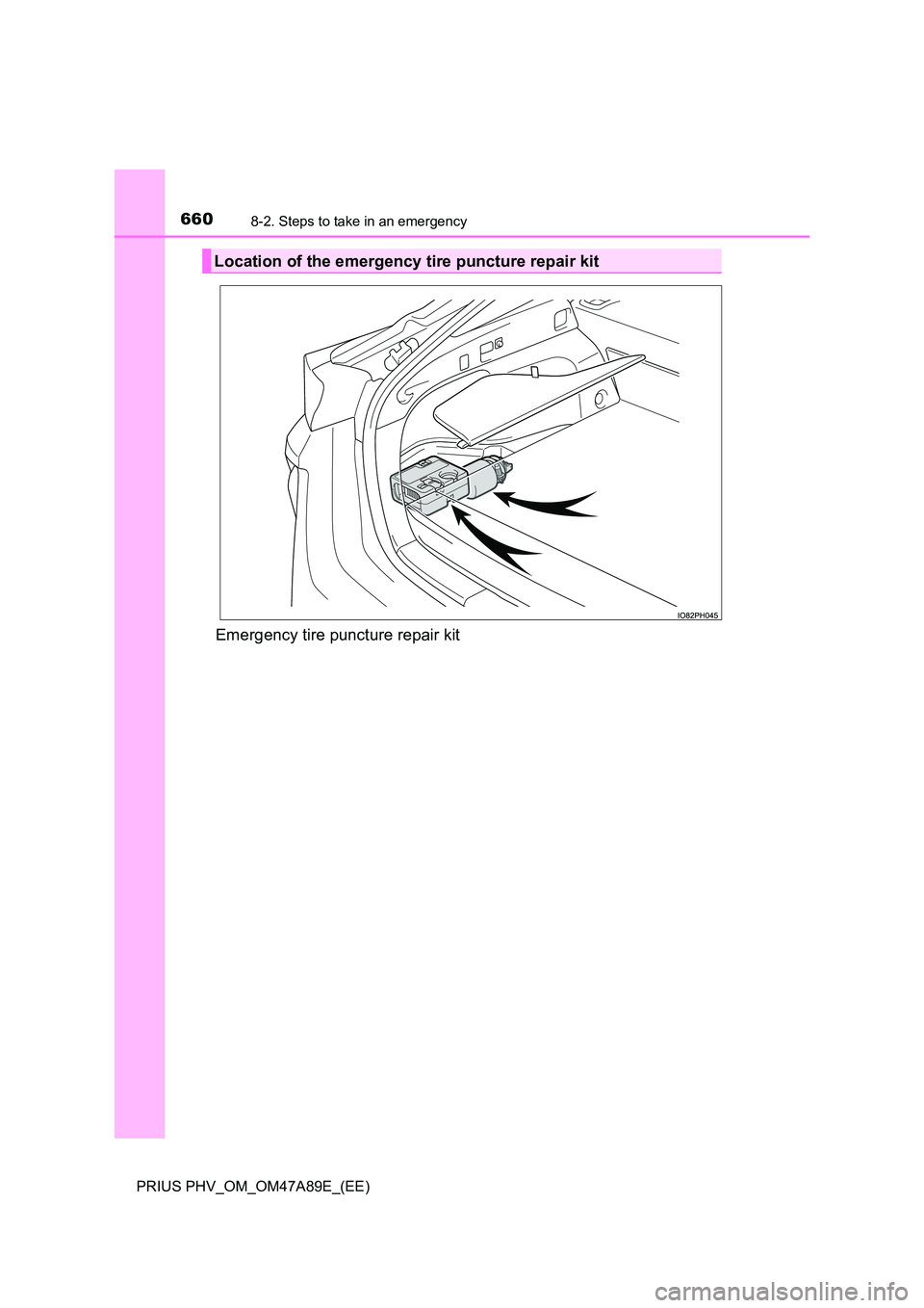 TOYOTA PRIUS PLUG-IN HYBRID 2016 Owners Manual 6608-2. Steps to take in an emergency
PRIUS PHV_OM_OM47A89E_(EE)
Emergency tire puncture repair kit
Location of the emergency tire puncture repair kit TOYOTA PRIUS PLUG-IN HYBRID 2016 Owners Manual 6608-2. Steps to take in an emergency
PRIUS PHV_OM_OM47A89E_(EE)
Emergency tire puncture repair kit
Location of the emergency tire puncture repair kit