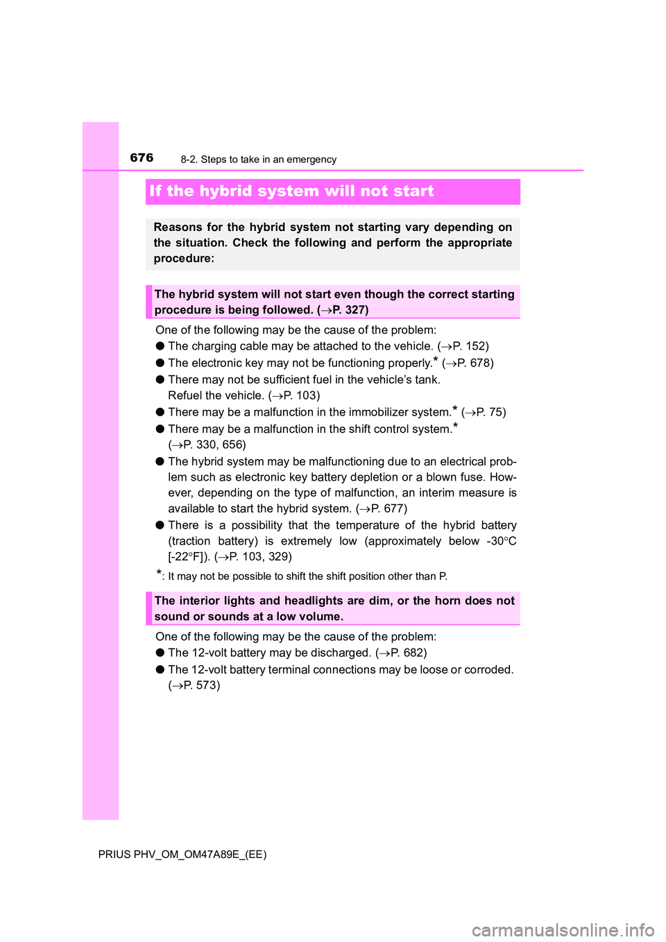 TOYOTA PRIUS PLUG-IN HYBRID 2016 Owners Manual 6768-2. Steps to take in an emergency
PRIUS PHV_OM_OM47A89E_(EE)
If the hybrid system will not start
One of the following may be the cause of the problem:
● The charging cable may be attached to th TOYOTA PRIUS PLUG-IN HYBRID 2016 Owners Manual 6768-2. Steps to take in an emergency
PRIUS PHV_OM_OM47A89E_(EE)
If the hybrid system will not start
One of the following may be the cause of the problem:
● The charging cable may be attached to th