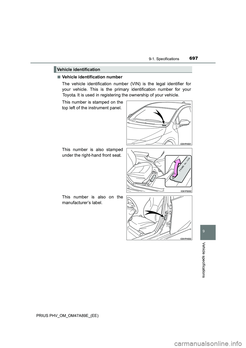 TOYOTA PRIUS PLUG-IN HYBRID 2016 Owners Manual 6979-1. Specifications
PRIUS PHV_OM_OM47A89E_(EE)
9
Vehicle specifications
â Vehicle identification number
The vehicle identification number (VIN) is the legal identifier for
your vehicle. This is TOYOTA PRIUS PLUG-IN HYBRID 2016 Owners Manual 6979-1. Specifications
PRIUS PHV_OM_OM47A89E_(EE)
9
Vehicle specifications
â Vehicle identification number
The vehicle identification number (VIN) is the legal identifier for
your vehicle. This is
