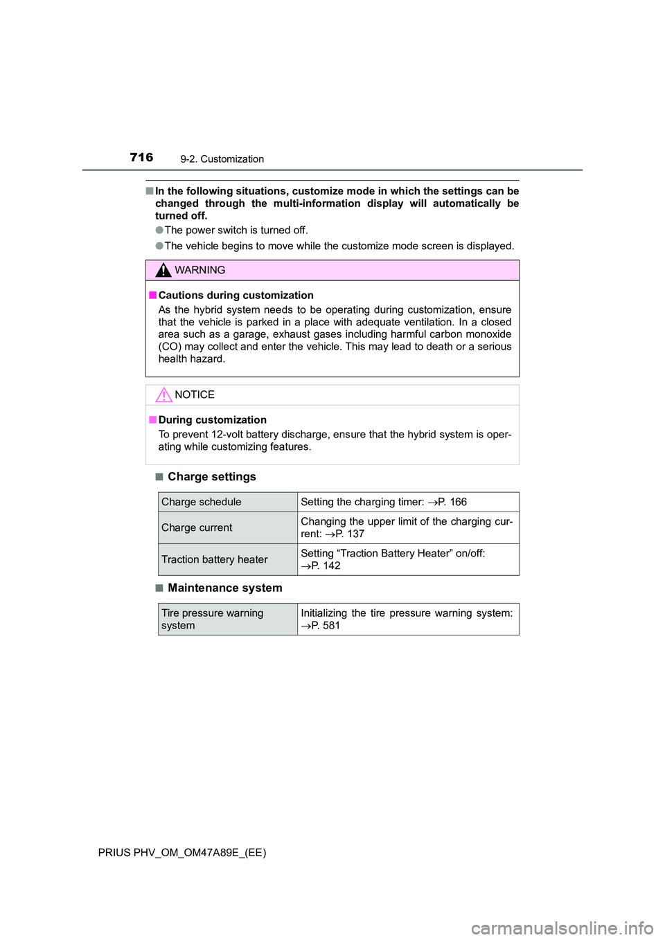 TOYOTA PRIUS PLUG-IN HYBRID 2016 Owners Manual 7169-2. Customization
PRIUS PHV_OM_OM47A89E_(EE)
■In the following situations, customize mode in which the settings can be
changed through the multi-information display will automatically be
turned TOYOTA PRIUS PLUG-IN HYBRID 2016 Owners Manual 7169-2. Customization
PRIUS PHV_OM_OM47A89E_(EE)
■In the following situations, customize mode in which the settings can be
changed through the multi-information display will automatically be
turned