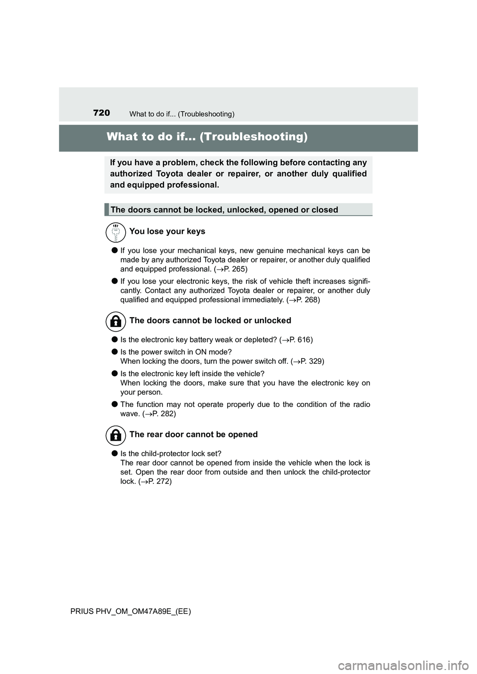 TOYOTA PRIUS PLUG-IN HYBRID 2016 Owners Manual 720What to do if... (Troubleshooting)
PRIUS PHV_OM_OM47A89E_(EE)
What to do if... (Troubleshooting)
●If you lose your mechanical keys, new genuine mechanical keys can be
made by any authorized Toyot TOYOTA PRIUS PLUG-IN HYBRID 2016 Owners Manual 720What to do if... (Troubleshooting)
PRIUS PHV_OM_OM47A89E_(EE)
What to do if... (Troubleshooting)
●If you lose your mechanical keys, new genuine mechanical keys can be
made by any authorized Toyot