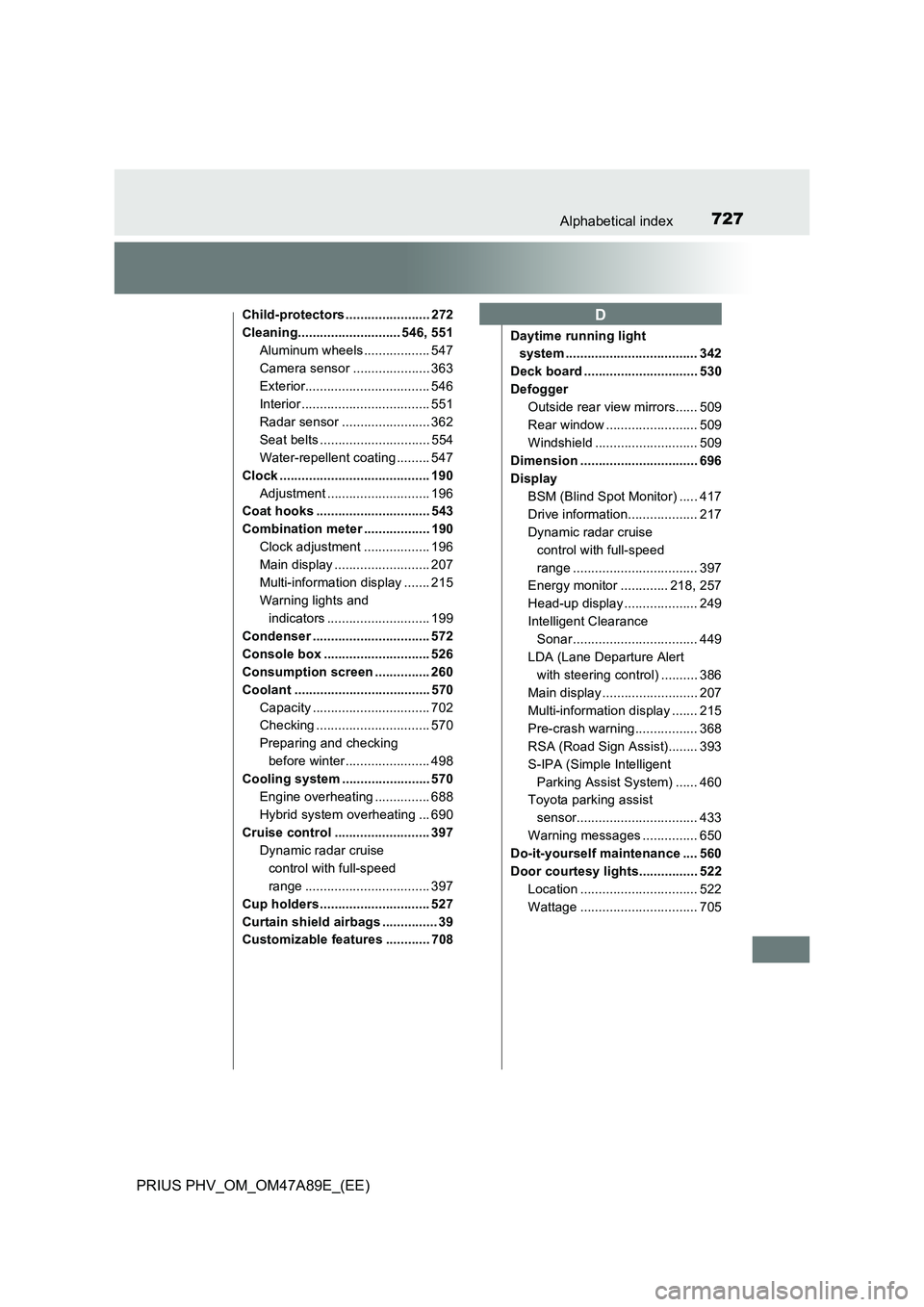 TOYOTA PRIUS PLUG-IN HYBRID 2017 Owners Manual 727Alphabetical index
PRIUS PHV_OM_OM47A89E_(EE)
Child-protectors ....................... 272
Cleaning............................ 546, 551
Aluminum wheels .................. 547
Camera sensor ....... TOYOTA PRIUS PLUG-IN HYBRID 2017 Owners Manual 727Alphabetical index
PRIUS PHV_OM_OM47A89E_(EE)
Child-protectors ....................... 272
Cleaning............................ 546, 551
Aluminum wheels .................. 547
Camera sensor .......