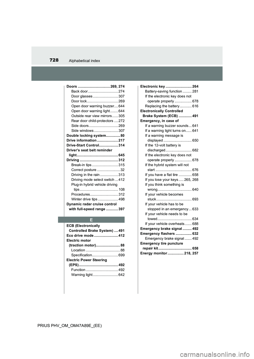 TOYOTA PRIUS PLUG-IN HYBRID 2016 Owners Manual 728Alphabetical index
PRIUS PHV_OM_OM47A89E_(EE)
Doors ................................ 269, 274
Back door .............................. 274
Door glasses ......................... 307
Door lock ..... TOYOTA PRIUS PLUG-IN HYBRID 2016 Owners Manual 728Alphabetical index
PRIUS PHV_OM_OM47A89E_(EE)
Doors ................................ 269, 274
Back door .............................. 274
Door glasses ......................... 307
Door lock .....