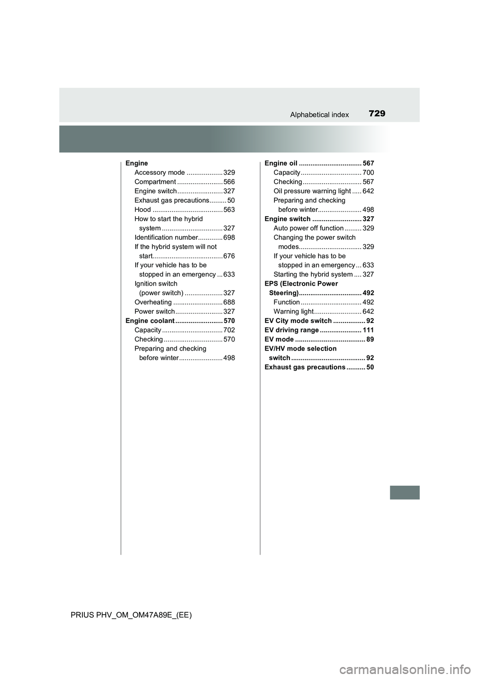 TOYOTA PRIUS PLUG-IN HYBRID 2016 Owners Manual 729Alphabetical index
PRIUS PHV_OM_OM47A89E_(EE)
Engine
Accessory mode ................... 329
Compartment ........................ 566
Engine switch ........................ 327
Exhaust gas precautio TOYOTA PRIUS PLUG-IN HYBRID 2016 Owners Manual 729Alphabetical index
PRIUS PHV_OM_OM47A89E_(EE)
Engine
Accessory mode ................... 329
Compartment ........................ 566
Engine switch ........................ 327
Exhaust gas precautio