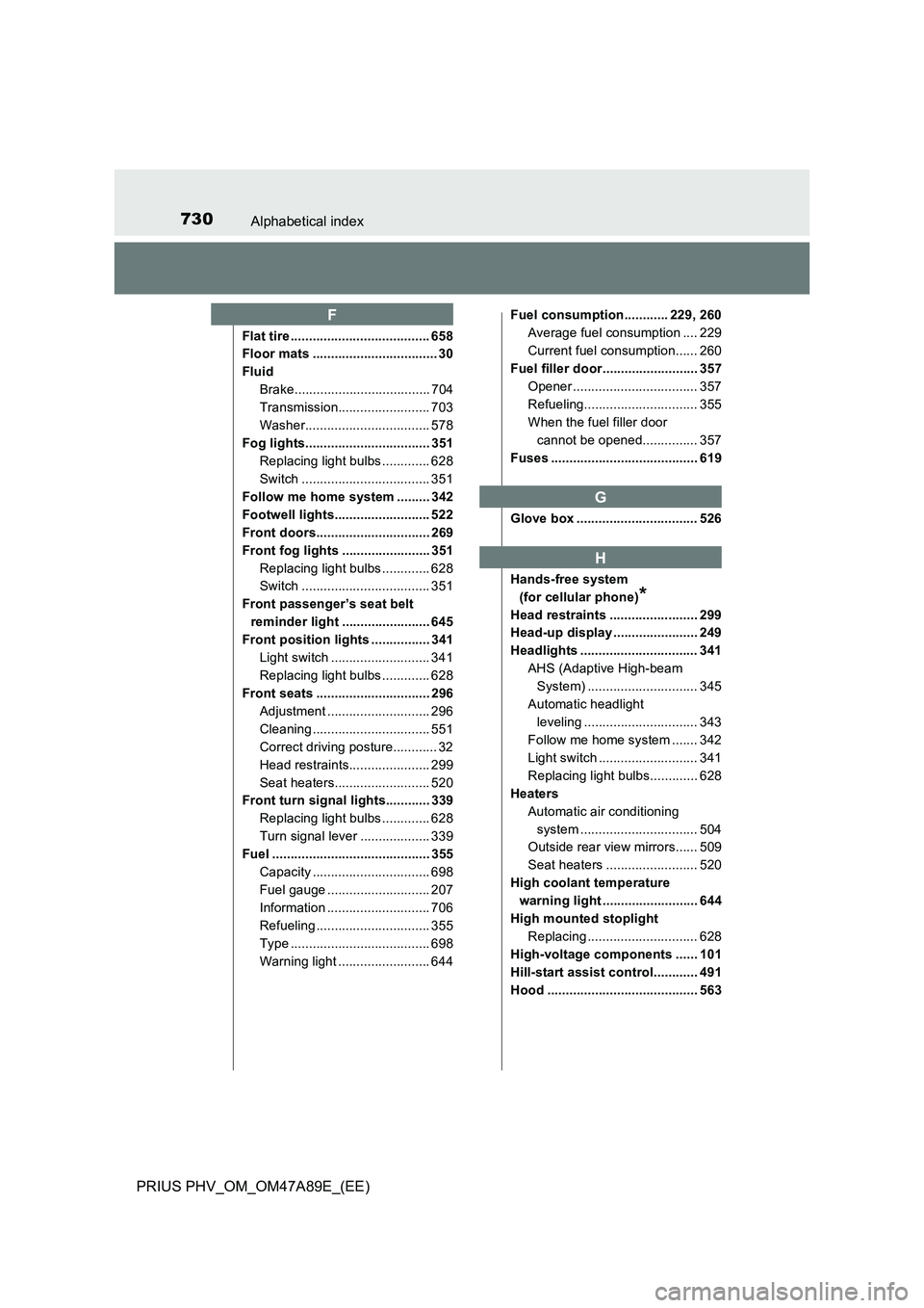TOYOTA PRIUS PLUG-IN HYBRID 2016 Owners Manual 730Alphabetical index
PRIUS PHV_OM_OM47A89E_(EE)
Flat tire ...................................... 658
Floor mats .................................. 30
Fluid
Brake..................................... TOYOTA PRIUS PLUG-IN HYBRID 2016 Owners Manual 730Alphabetical index
PRIUS PHV_OM_OM47A89E_(EE)
Flat tire ...................................... 658
Floor mats .................................. 30
Fluid
Brake.....................................