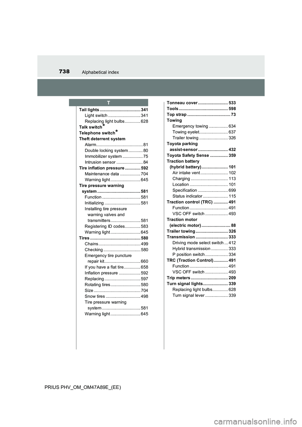 TOYOTA PRIUS PLUG-IN HYBRID 2016 Owners Manual 738Alphabetical index
PRIUS PHV_OM_OM47A89E_(EE)
Tail lights .................................. 341
Light switch ........................... 341
Replacing light bulbs ............. 628
Talk switch
*
T TOYOTA PRIUS PLUG-IN HYBRID 2016 Owners Manual 738Alphabetical index
PRIUS PHV_OM_OM47A89E_(EE)
Tail lights .................................. 341
Light switch ........................... 341
Replacing light bulbs ............. 628
Talk switch
*
T